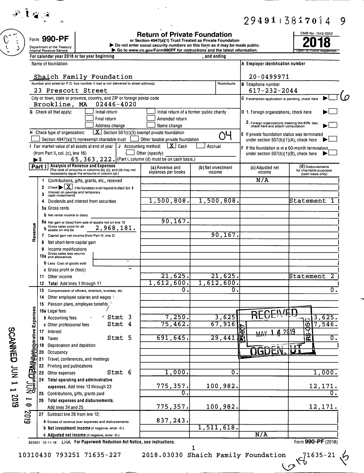 Image of first page of 2018 Form 990PF for Shaich Family Foundation