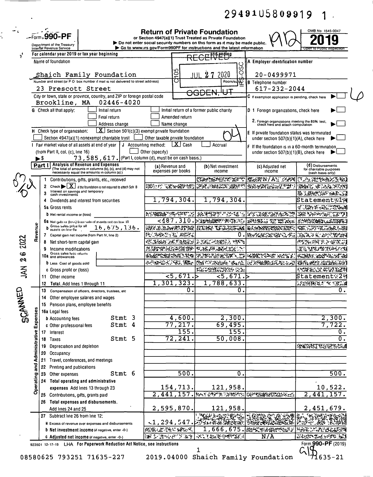 Image of first page of 2019 Form 990PF for Shaich Family Foundation