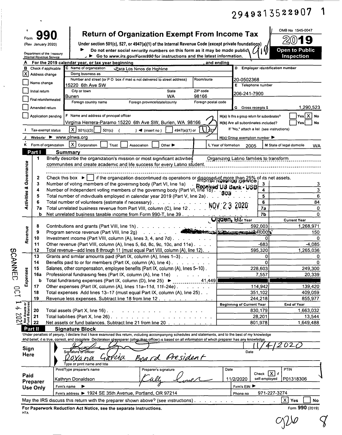 Image of first page of 2019 Form 990 for Para Los Ninos de Highline