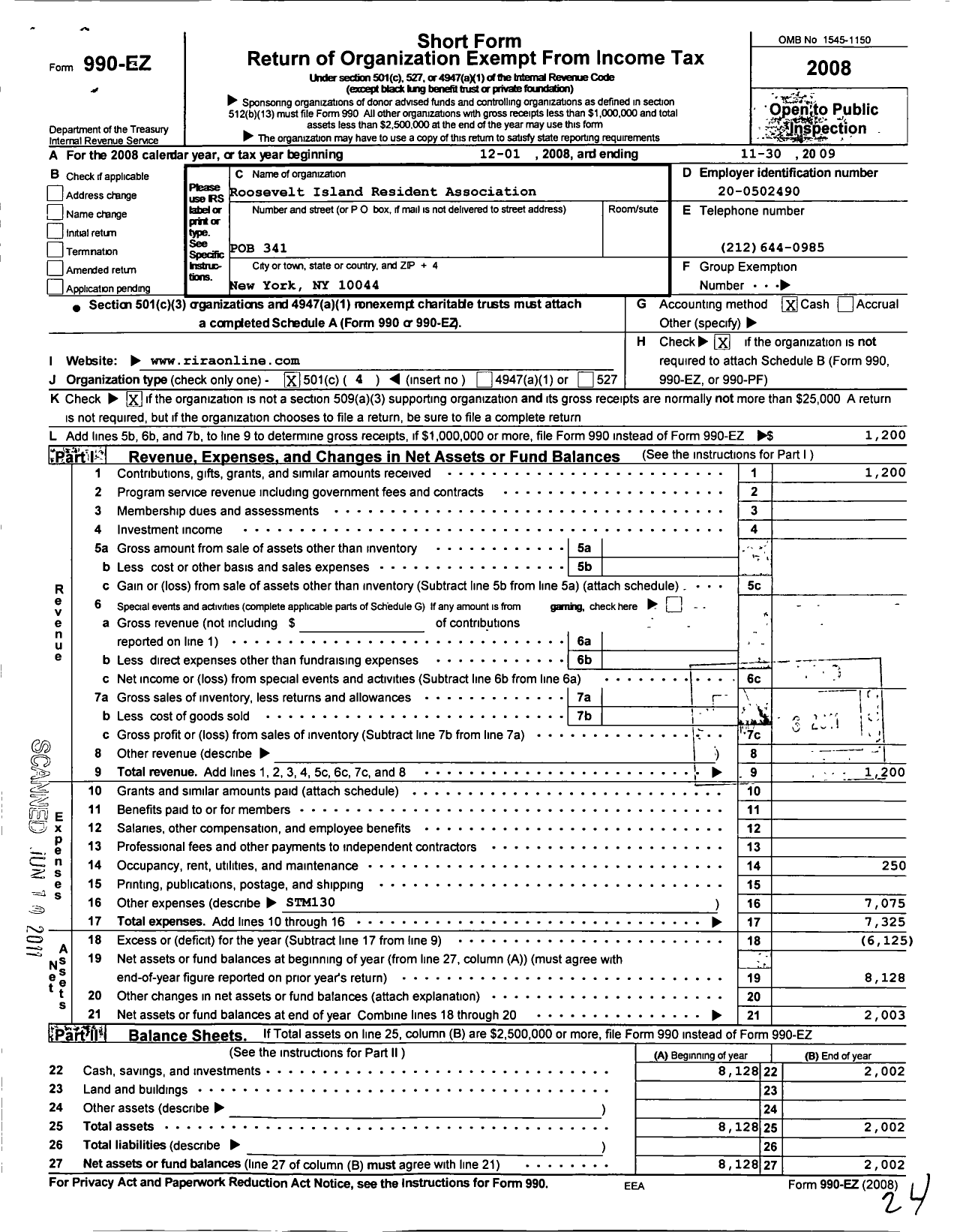 Image of first page of 2008 Form 990EO for Roosevelt Island Residents Association