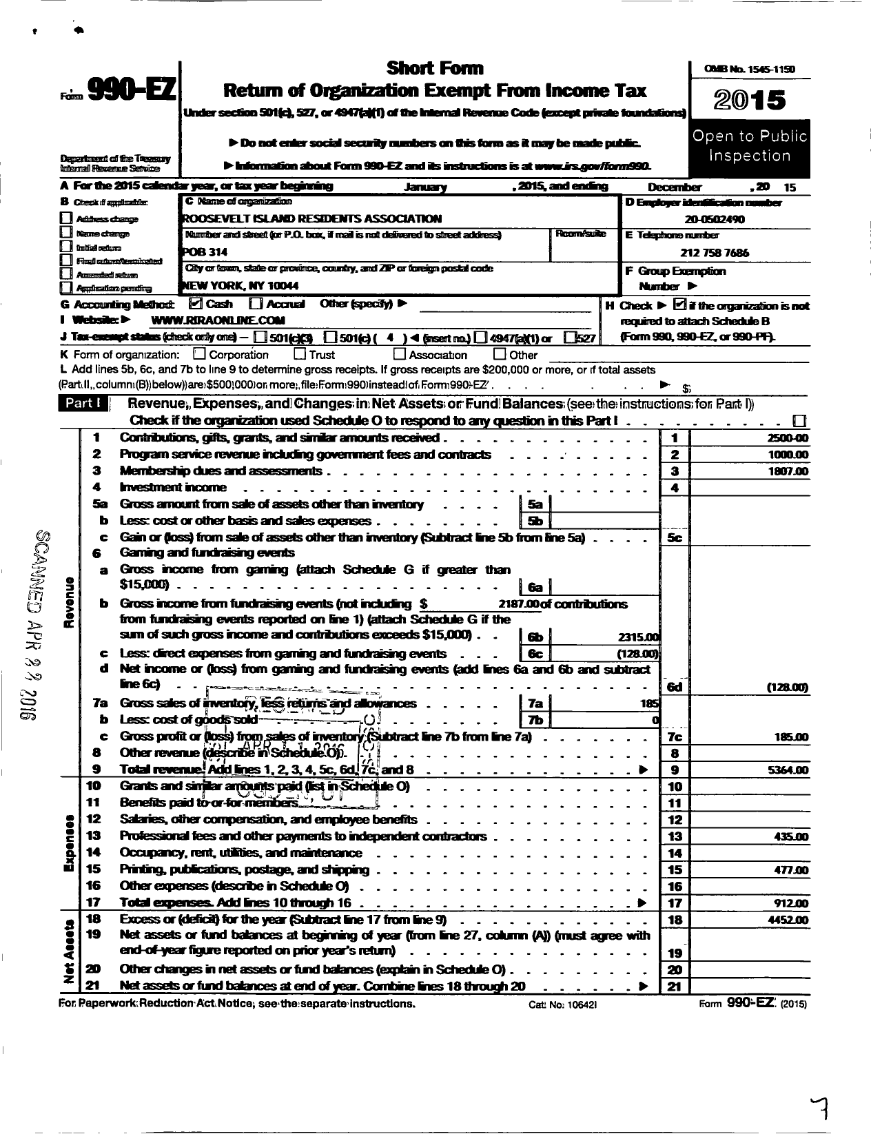 Image of first page of 2015 Form 990EO for Roosevelt Island Residents Association