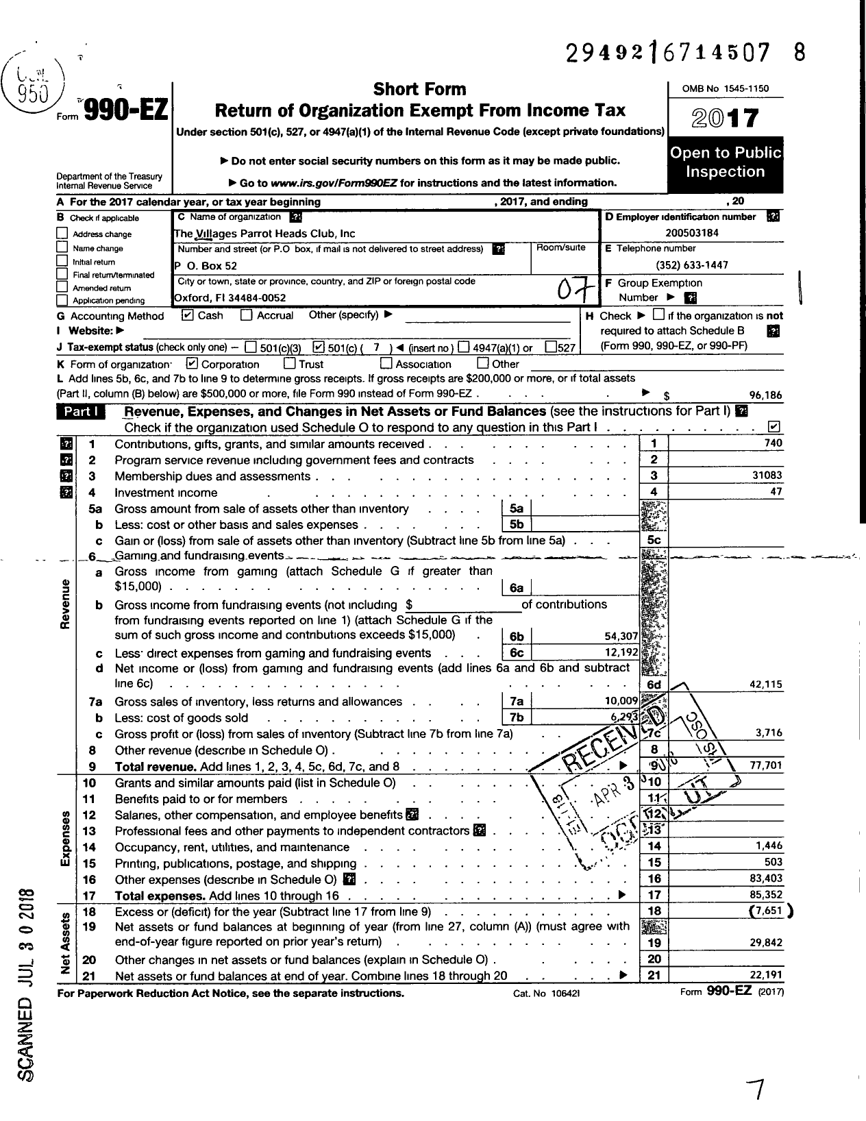 Image of first page of 2017 Form 990EO for The Villages Parrot Heads Club