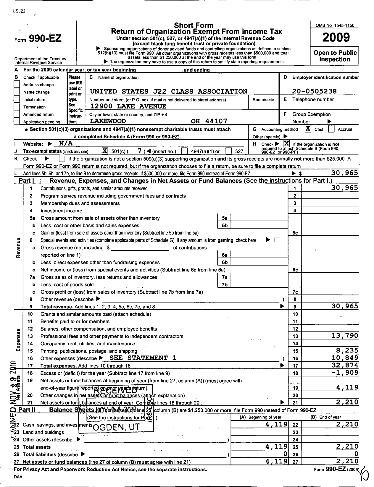 Image of first page of 2009 Form 990EO for United States J22 Class Association