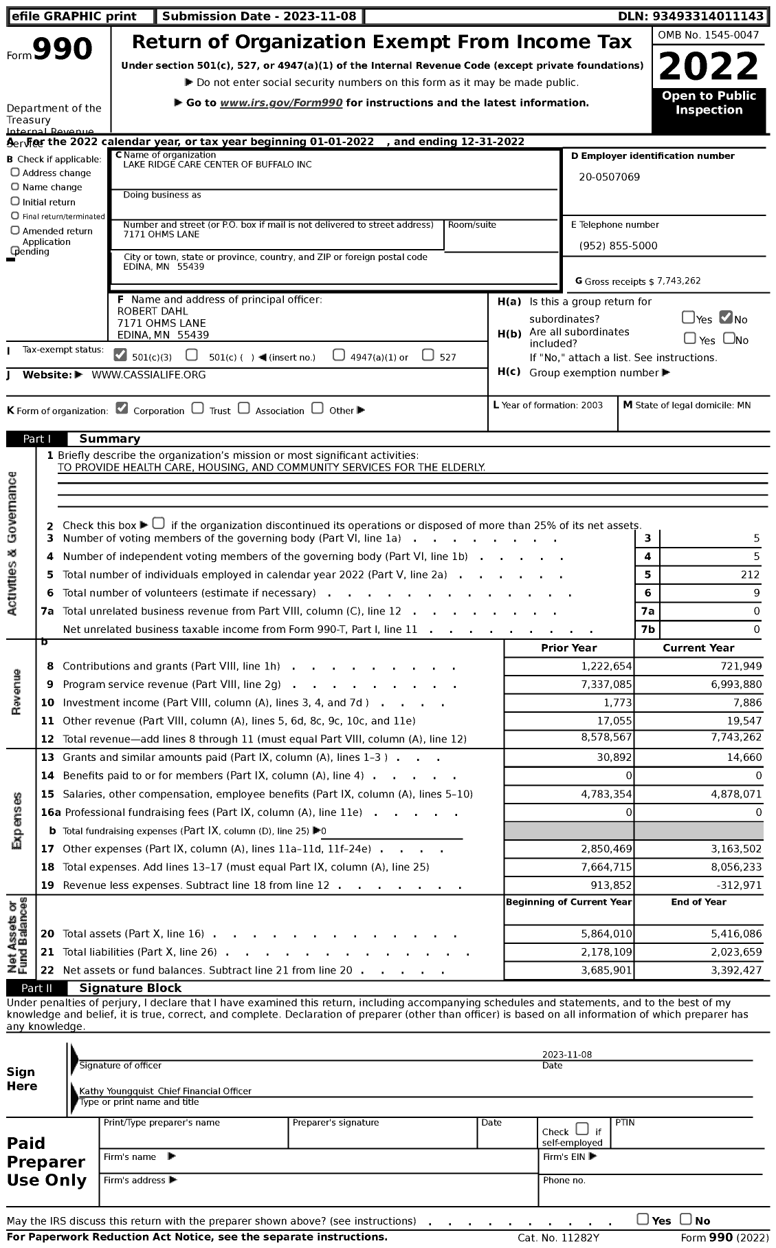 Image of first page of 2022 Form 990 for Lake Ridge Care Center