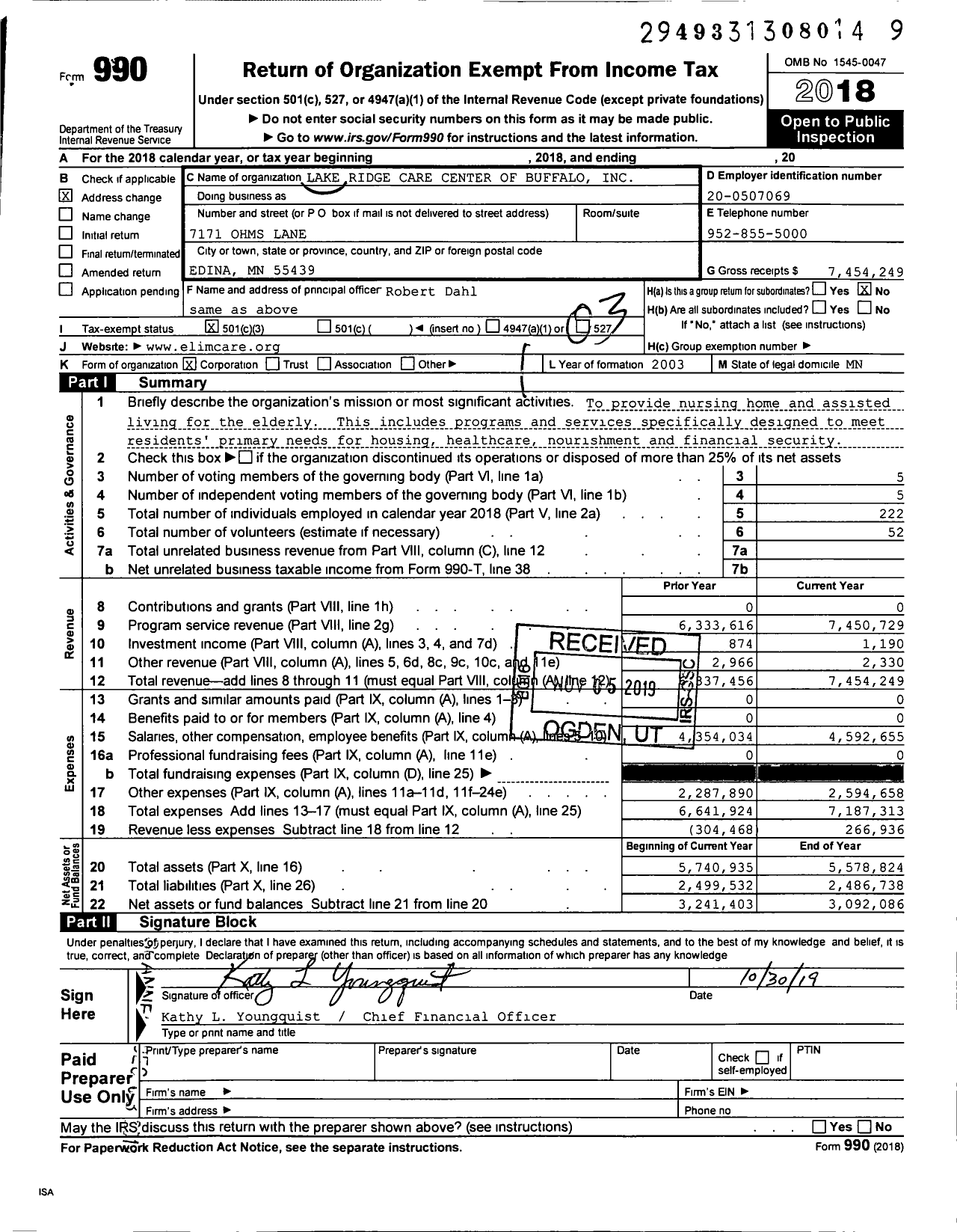 Image of first page of 2018 Form 990 for Lake Ridge Care Center
