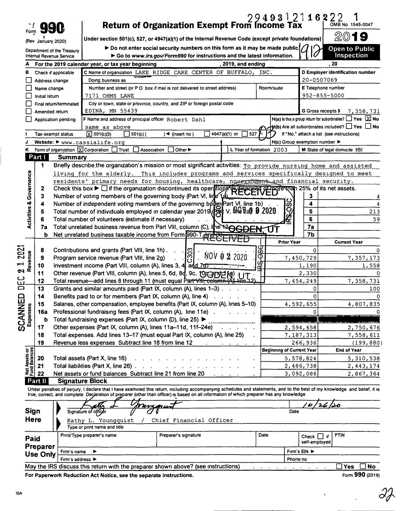 Image of first page of 2019 Form 990 for Lake Ridge Care Center