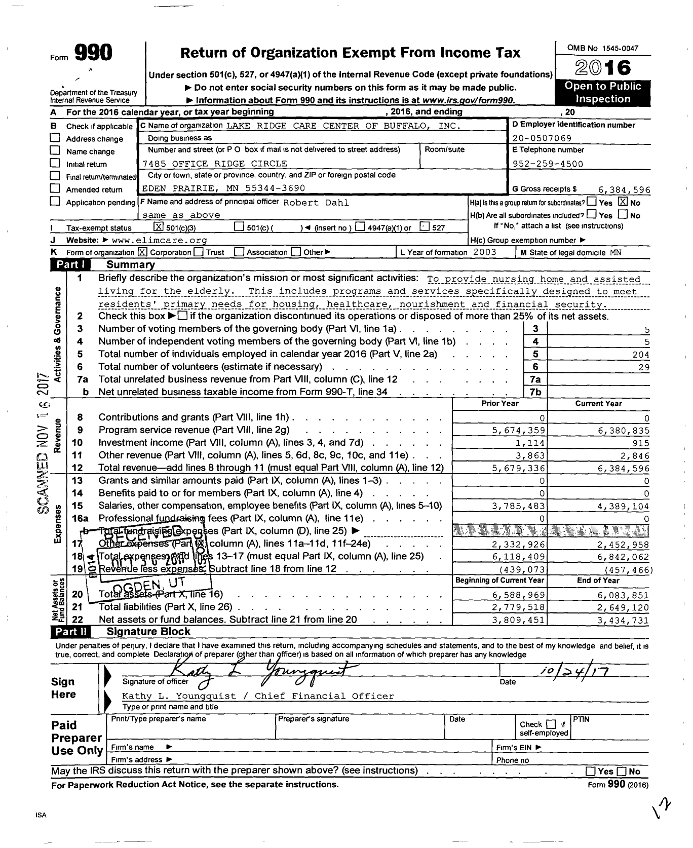 Image of first page of 2016 Form 990 for Lake Ridge Care Center