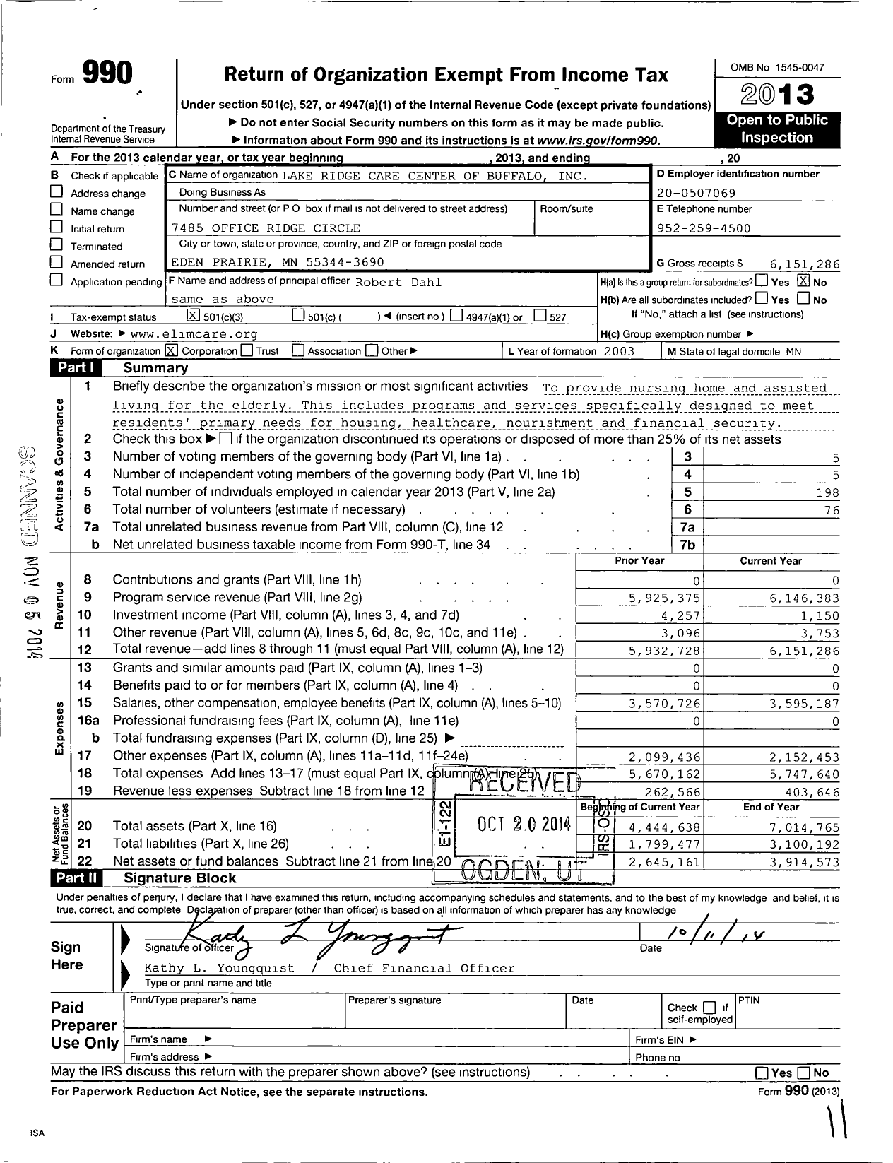 Image of first page of 2013 Form 990 for Lake Ridge Care Center