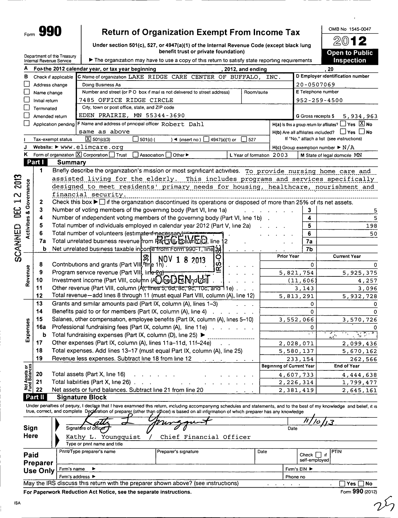 Image of first page of 2012 Form 990 for Lake Ridge Care Center