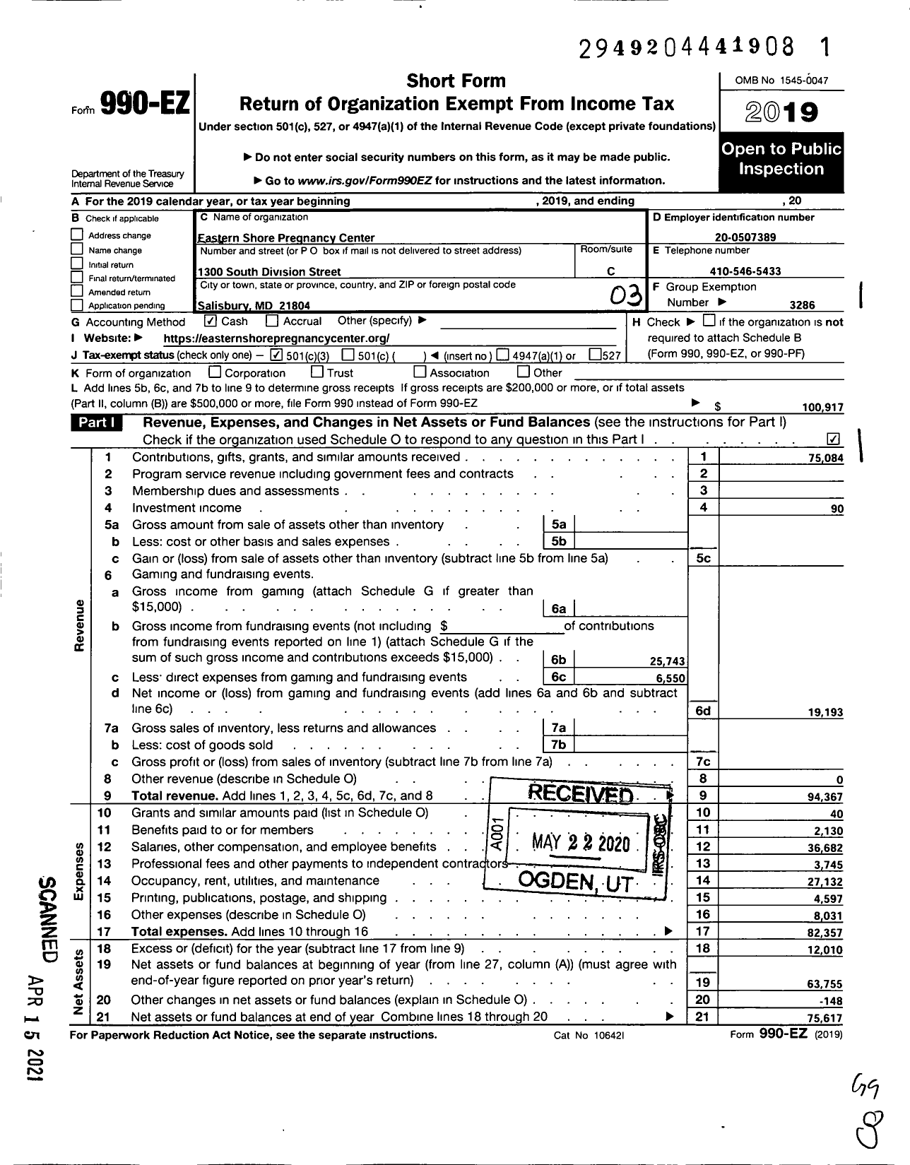 Image of first page of 2019 Form 990EZ for Pregnancy Care Clinic of the Eastern Shore