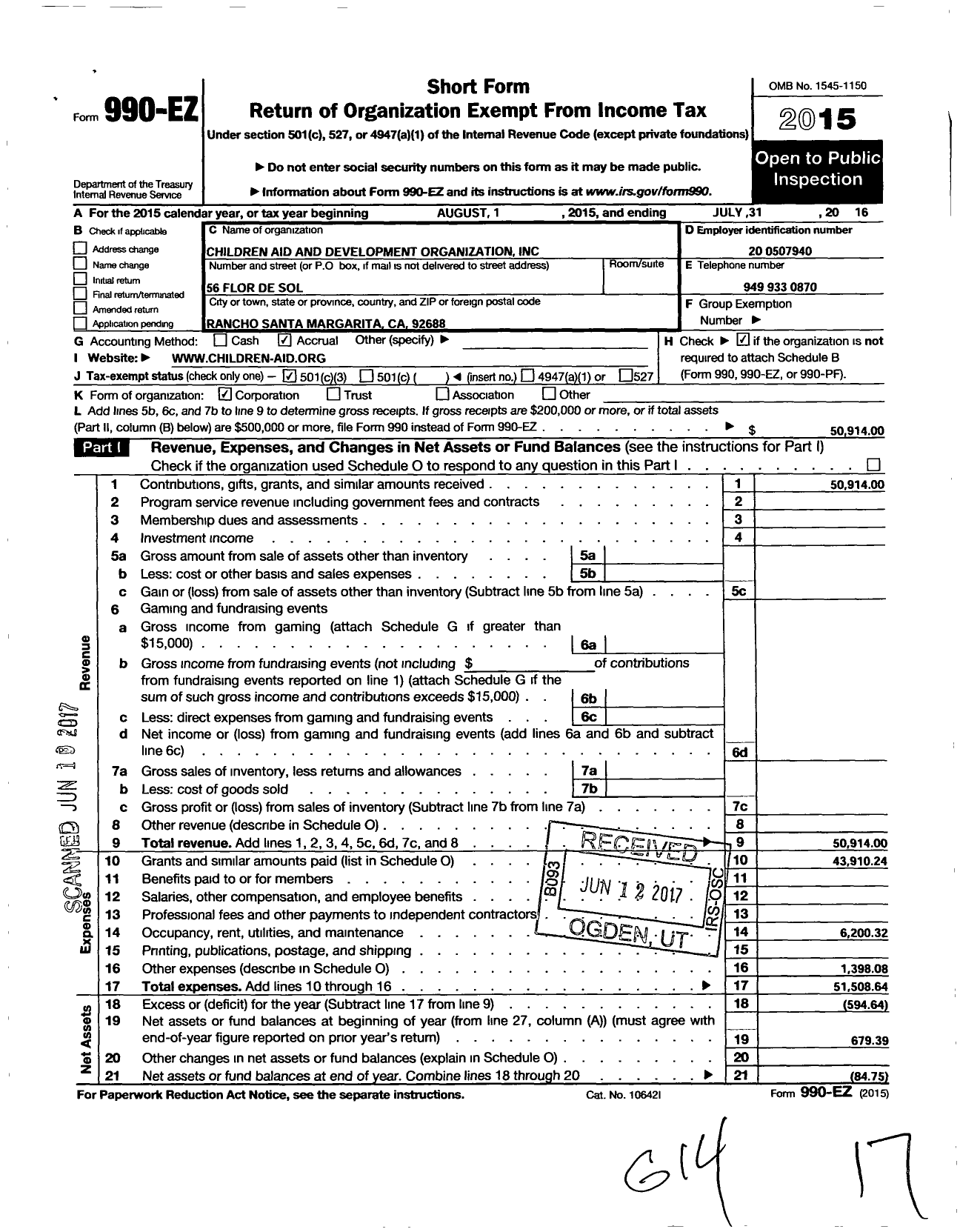 Image of first page of 2015 Form 990EZ for Children Aid and Development Organization