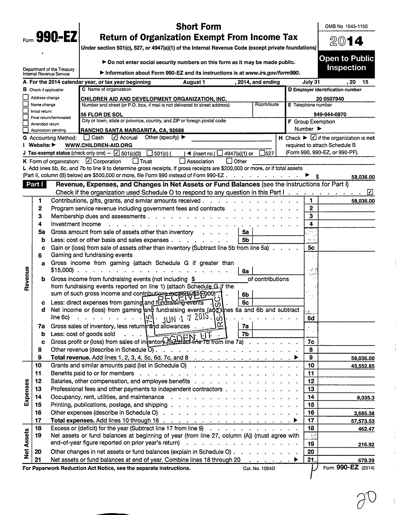 Image of first page of 2014 Form 990EZ for Children Aid and Development Organization