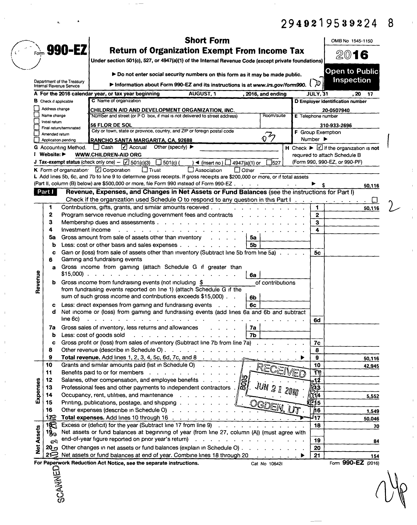 Image of first page of 2016 Form 990EZ for Children Aid and Development Organization