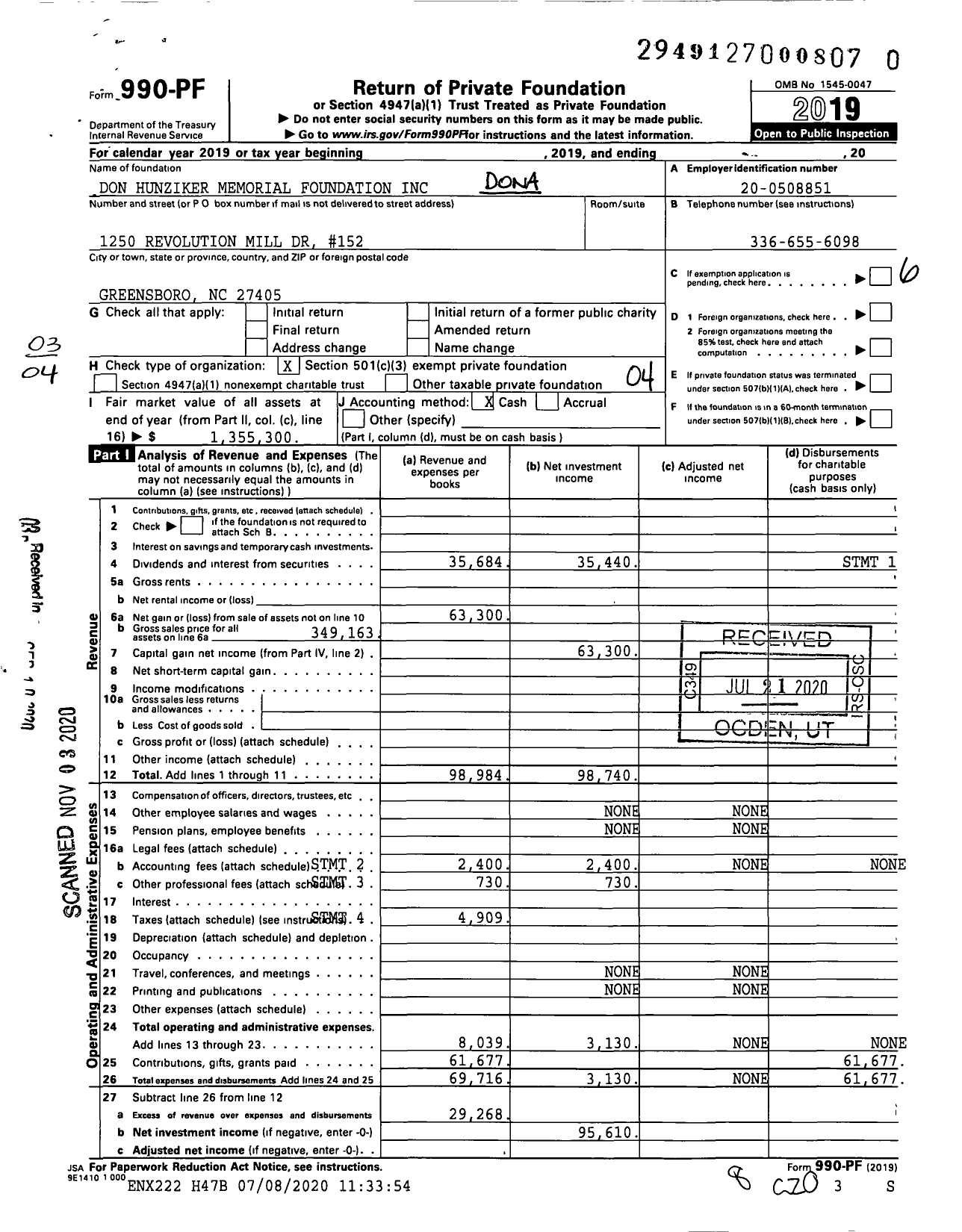 Image of first page of 2019 Form 990PF for Don Hunziker Memorial Foundation