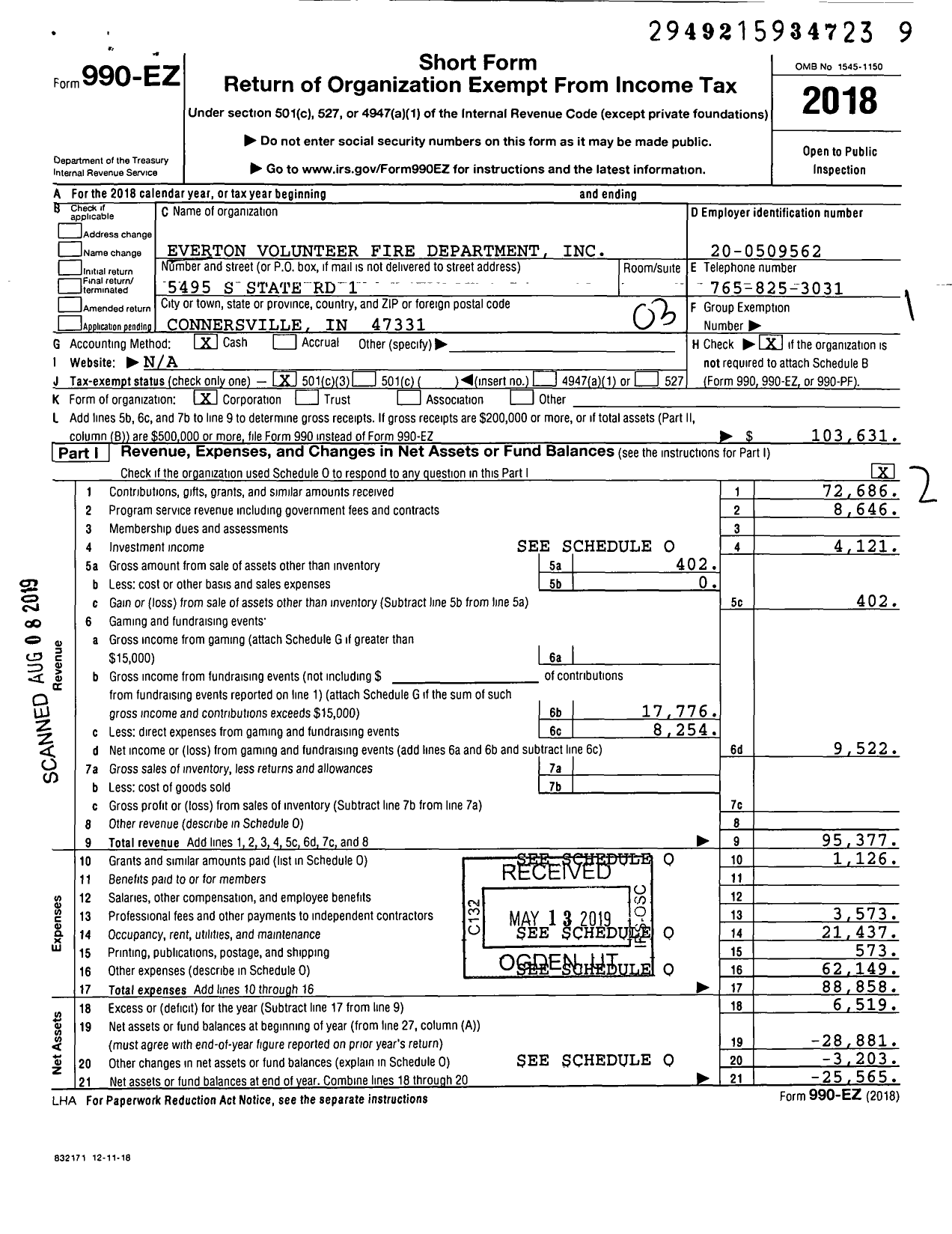 Image of first page of 2018 Form 990EZ for Everton Volunteer Fire Department