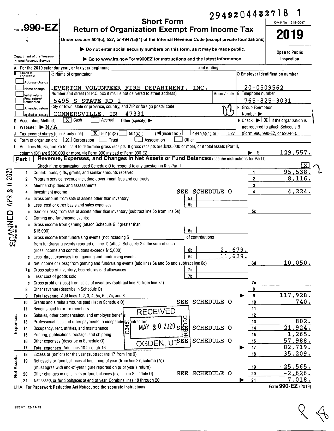 Image of first page of 2019 Form 990EZ for Everton Volunteer Fire Department