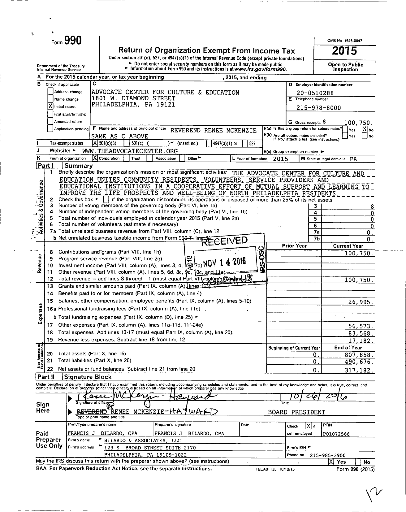 Image of first page of 2015 Form 990 for The Advocate Center for Culture and Education