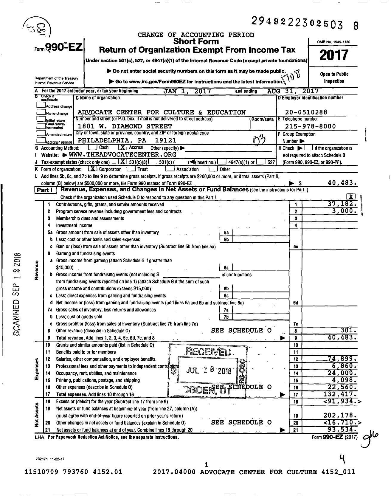 Image of first page of 2016 Form 990EZ for The Advocate Center for Culture and Education