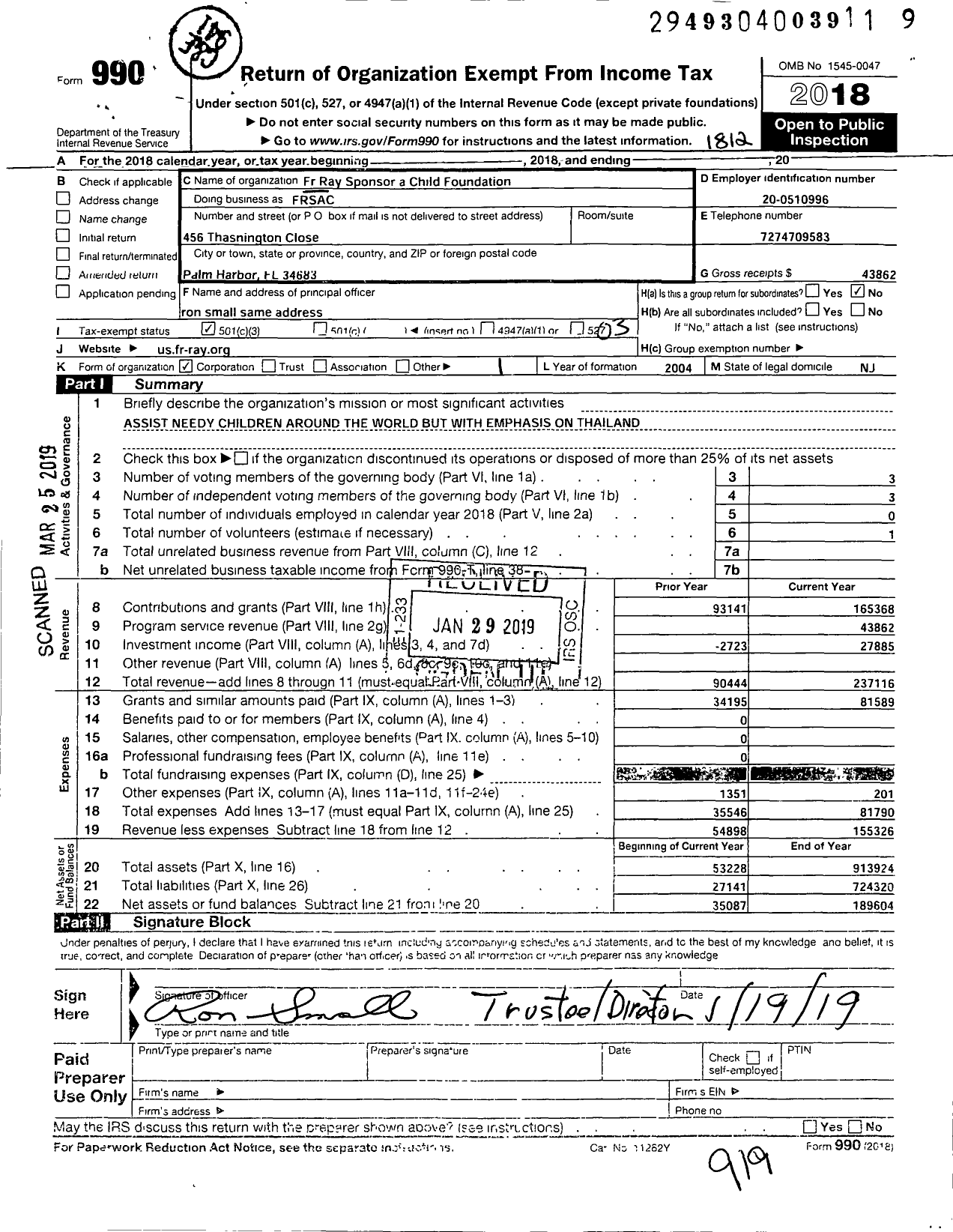 Image of first page of 2018 Form 990 for FR Rays Sponsor-A-Child Foundation