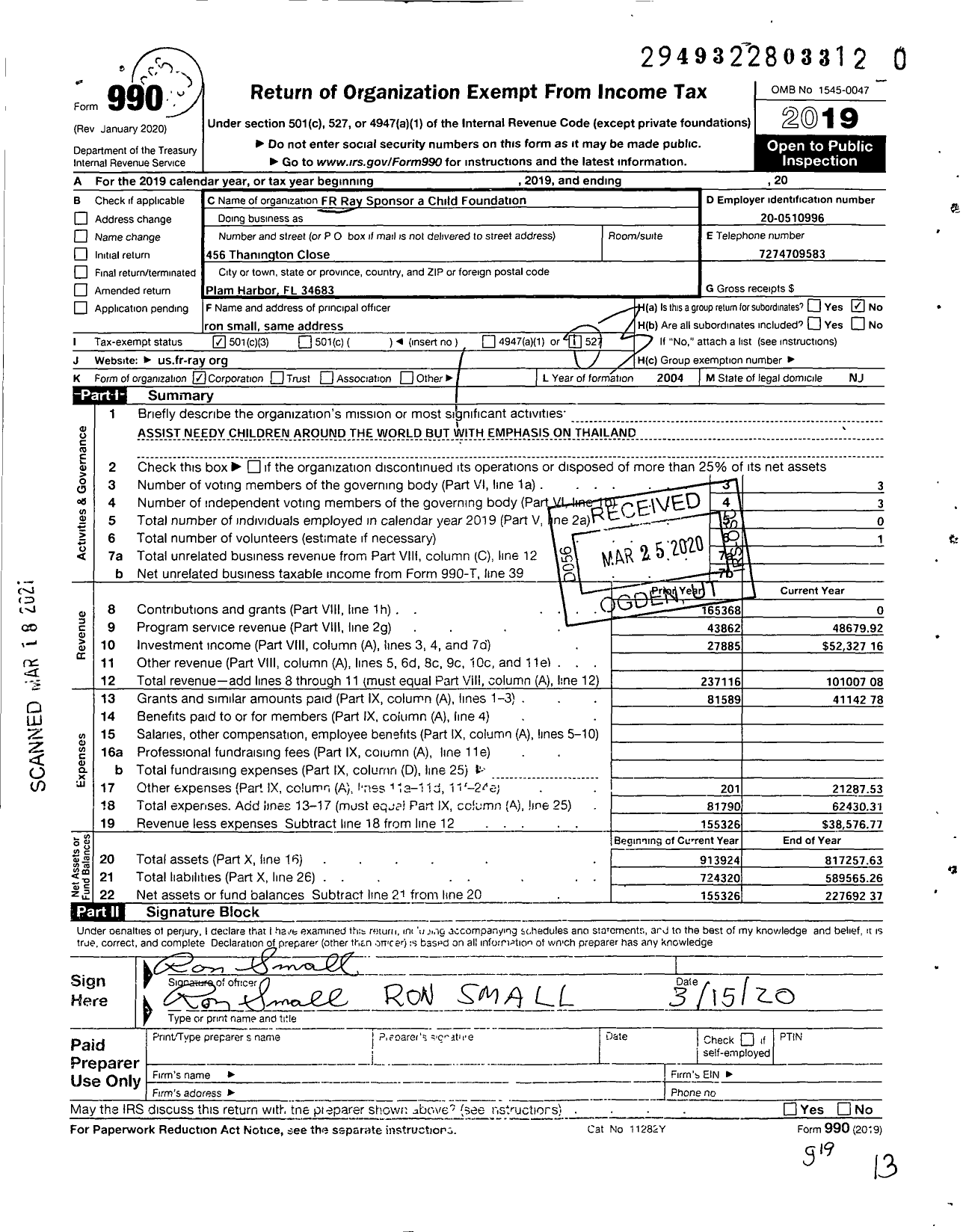 Image of first page of 2019 Form 990 for FR Rays Sponsor-A-Child Foundation