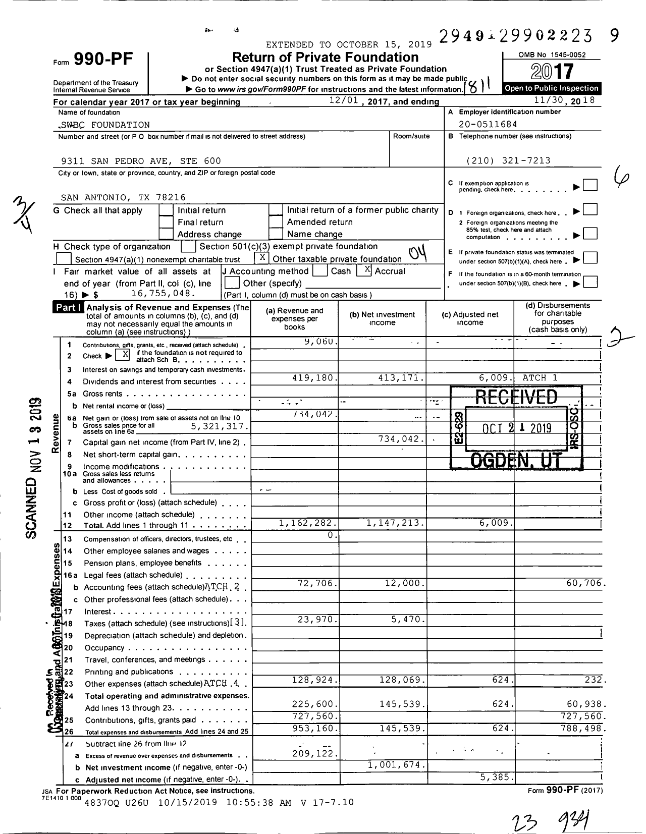 Image of first page of 2017 Form 990PF for SWBC Foundation