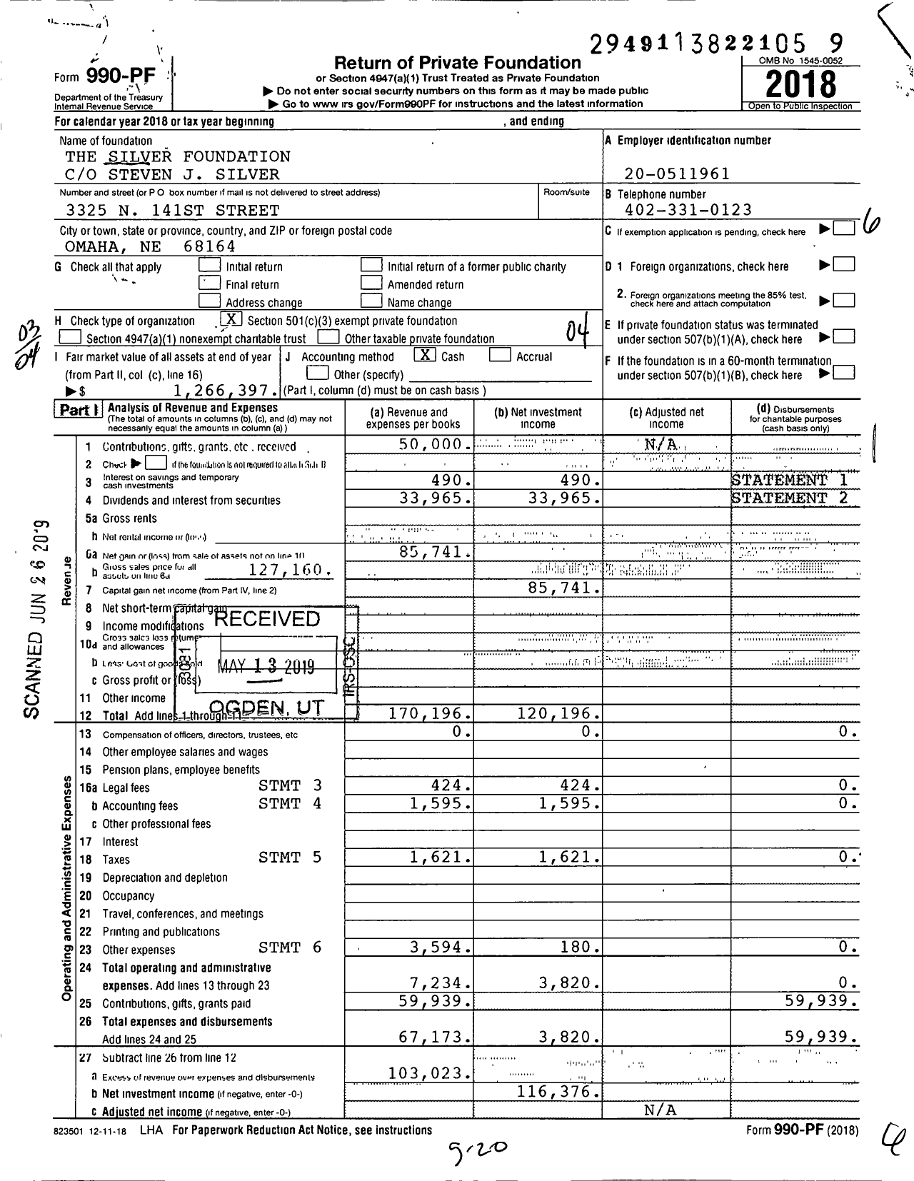 Image of first page of 2018 Form 990PF for The Silver Foundation