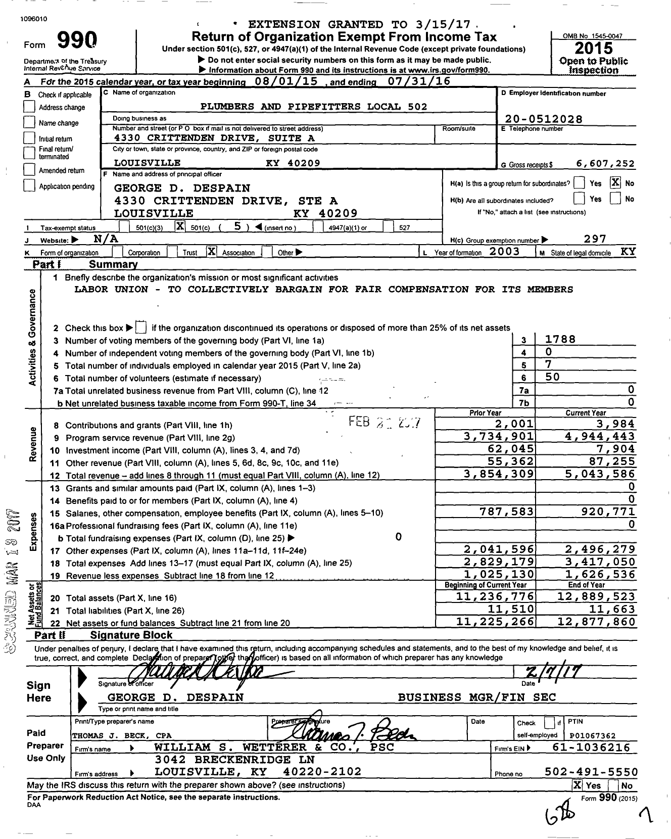 Image of first page of 2015 Form 990O for United Association - Crittenden Drive Holdings LLC