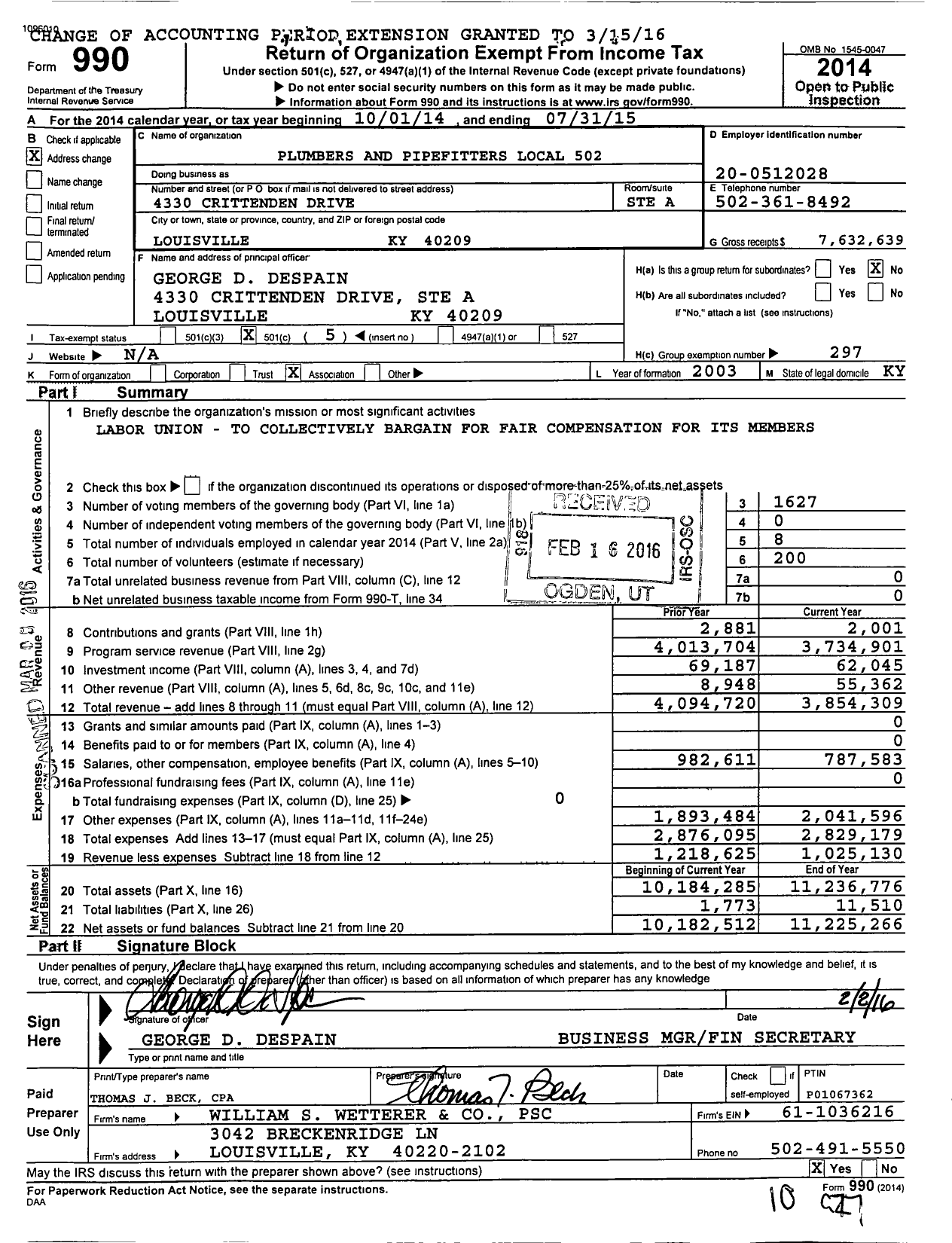 Image of first page of 2014 Form 990O for United Association - Crittenden Drive Holdings LLC