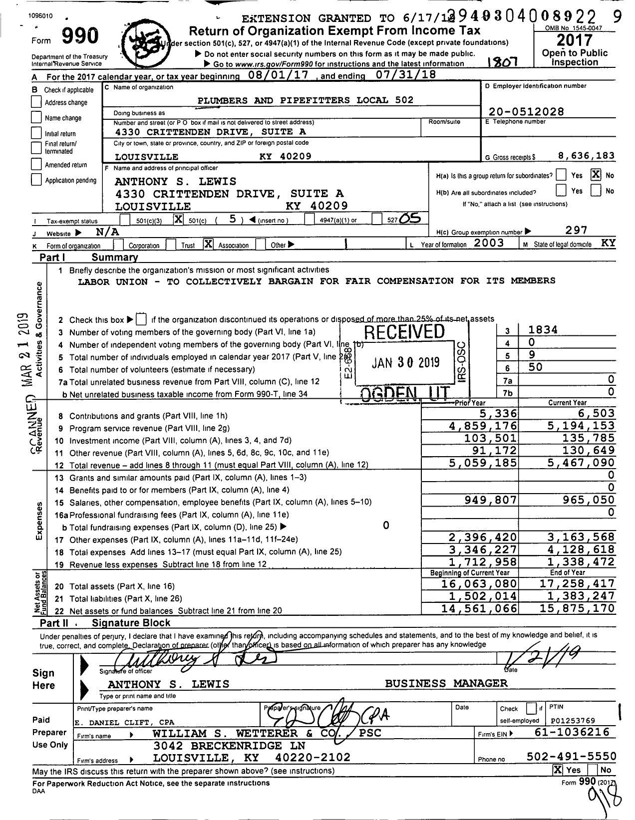 Image of first page of 2017 Form 990O for United Association - Crittenden Drive Holdings LLC
