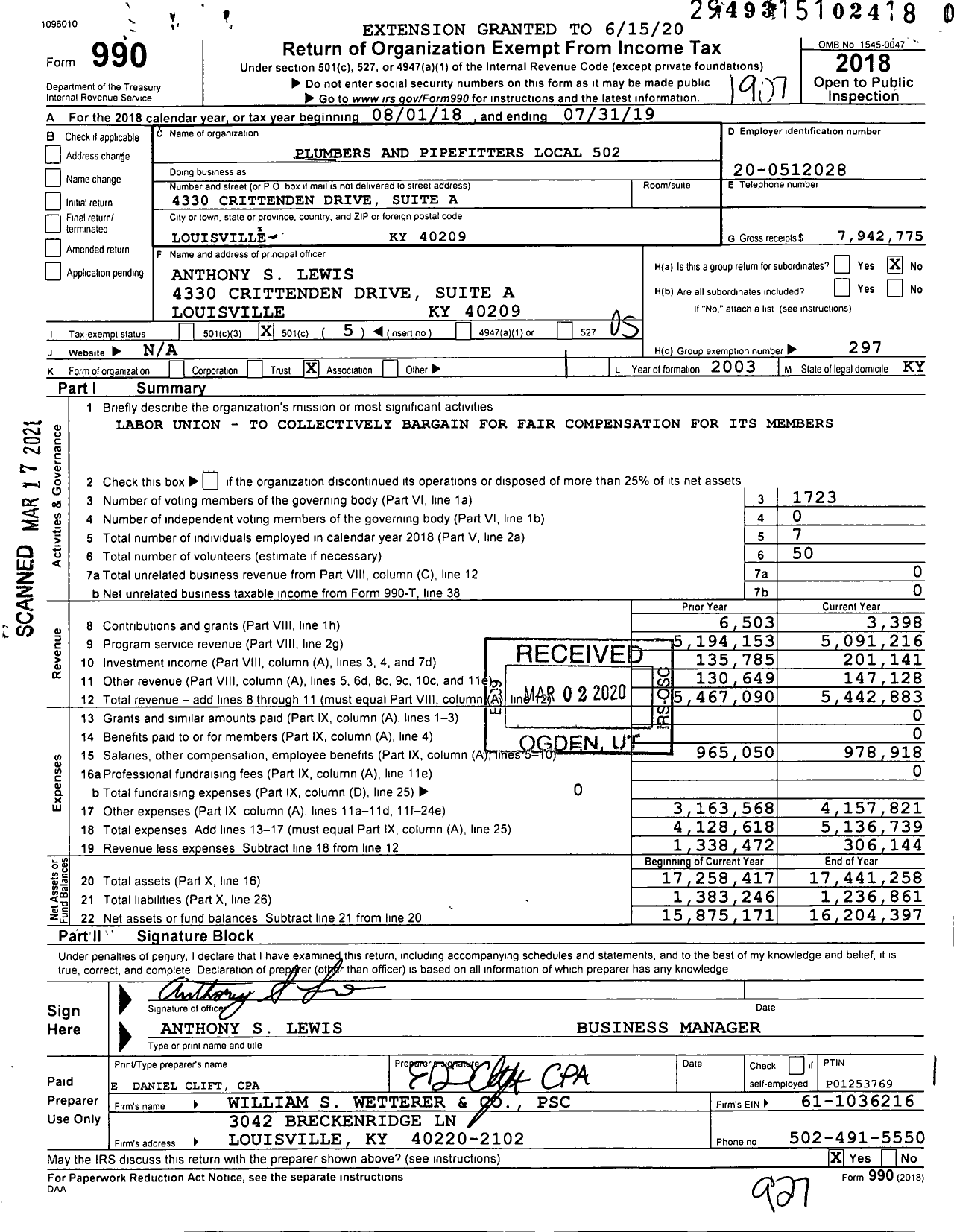 Image of first page of 2018 Form 990O for United Association - Crittenden Drive Holdings LLC