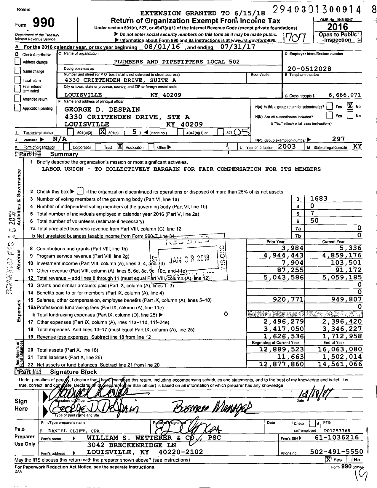 Image of first page of 2016 Form 990O for United Association - Crittenden Drive Holdings LLC