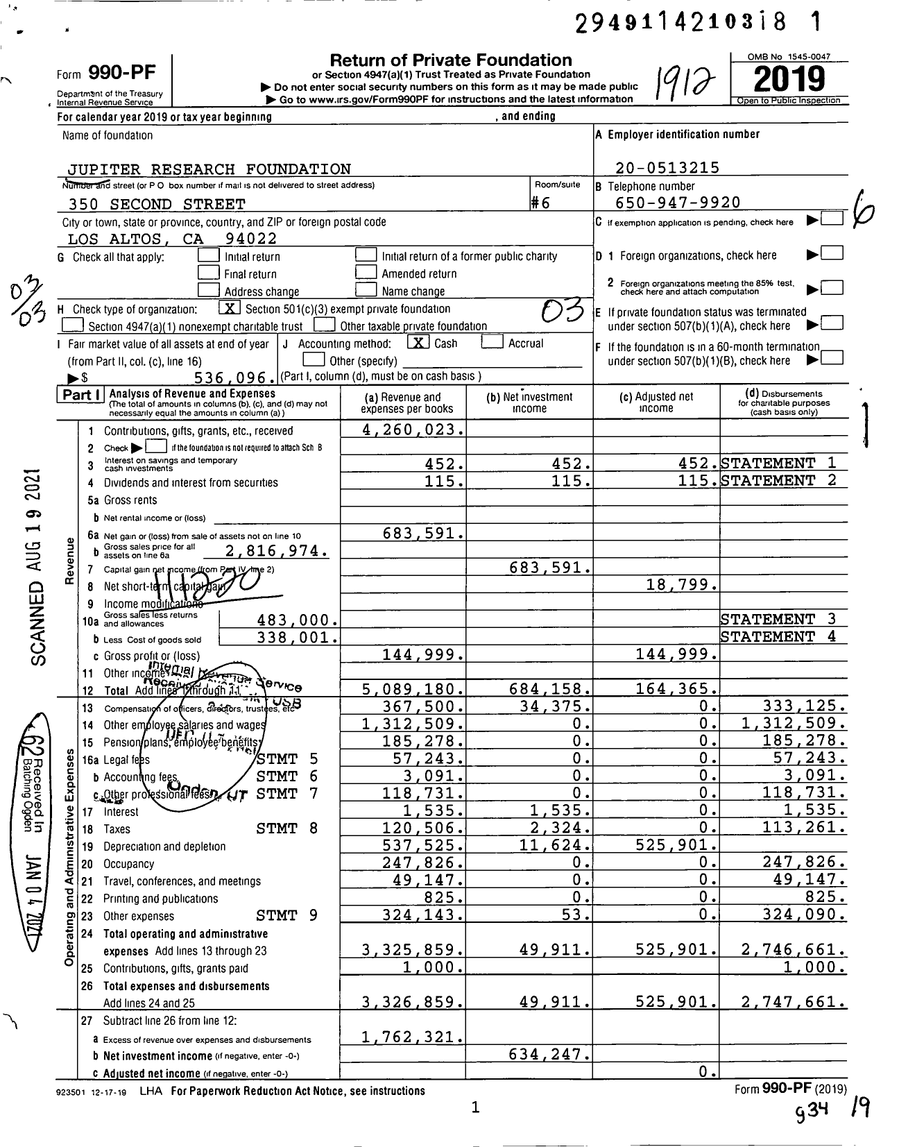 Image of first page of 2019 Form 990PF for Jupiter Research Foundation