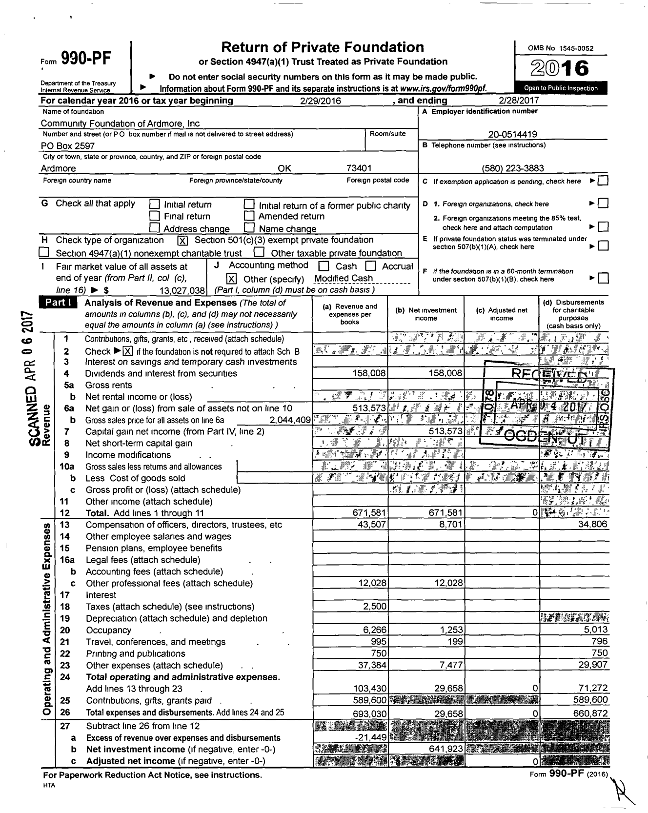 Image of first page of 2016 Form 990PF for Community Foundation of Ardmore