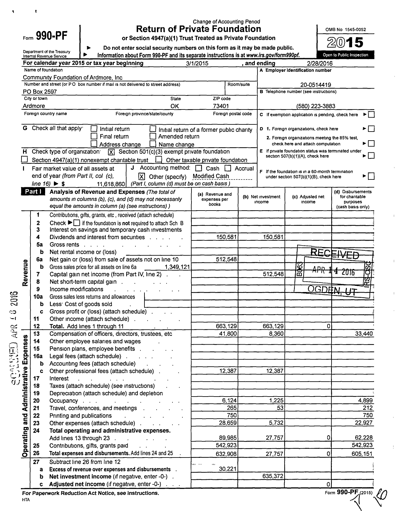Image of first page of 2015 Form 990PF for Community Foundation of Ardmore