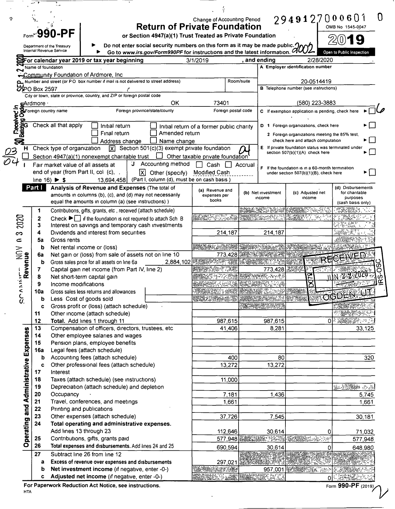 Image of first page of 2019 Form 990PF for Community Foundation of Ardmore