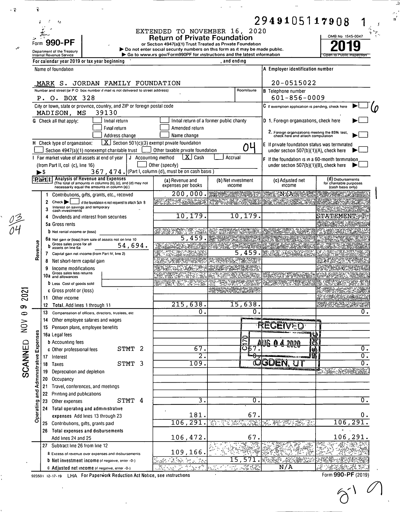 Image of first page of 2019 Form 990PF for Mark S Jordan Family Foundation