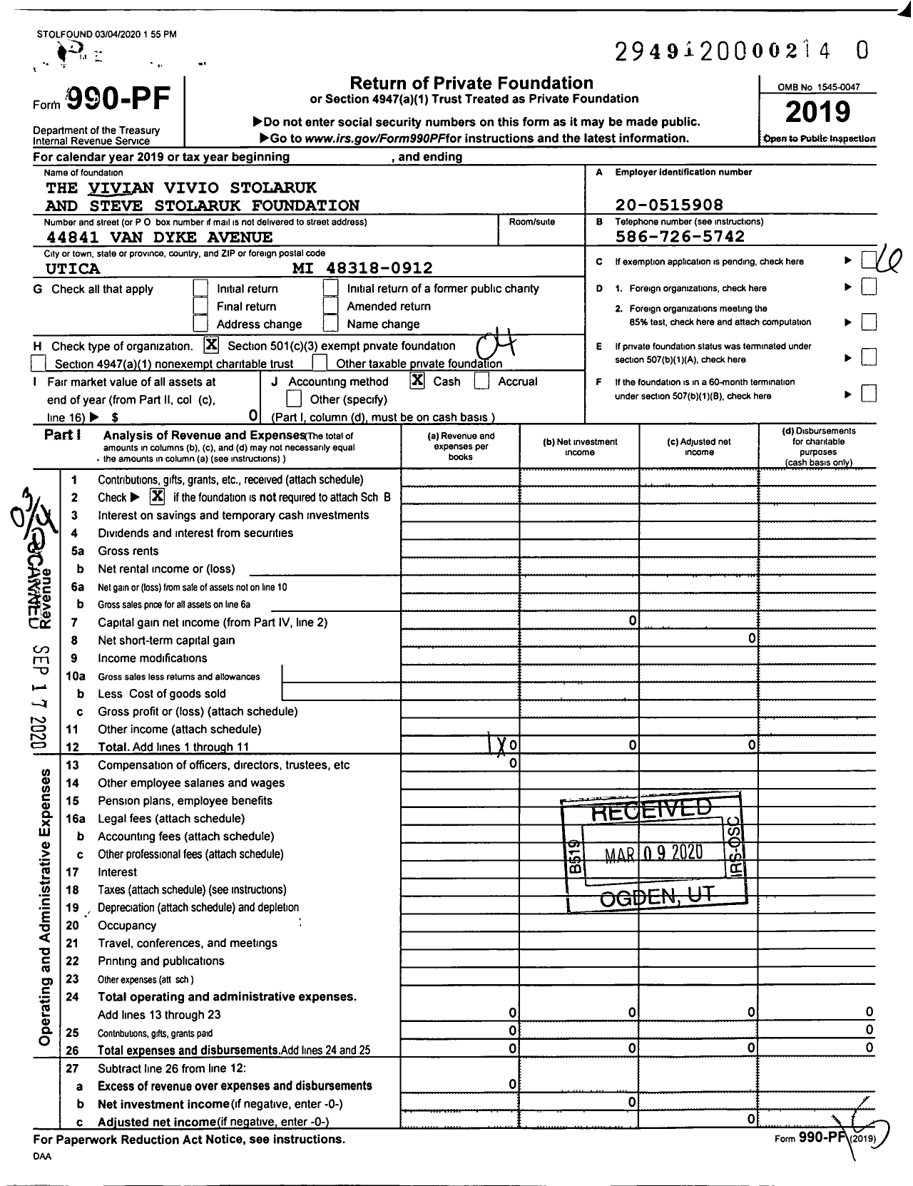 Image of first page of 2019 Form 990PR for The Vivian Vivio Stolaruk and Steve Stolaruk Foundation