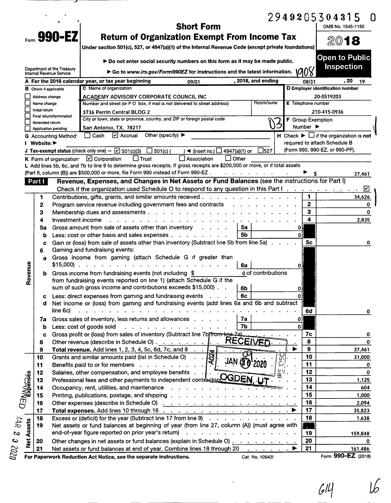 Image of first page of 2018 Form 990EZ for Academy Advisory Corporate Council