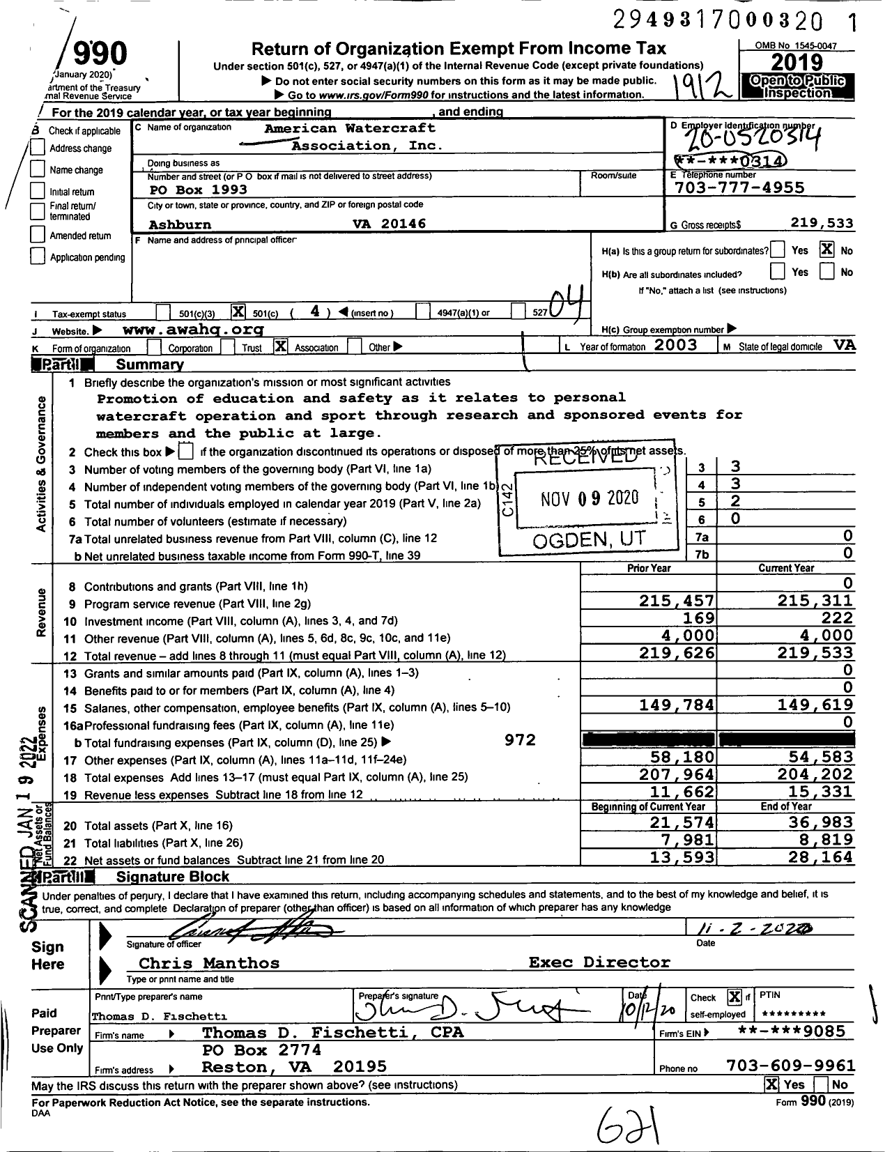 Image of first page of 2019 Form 990O for American Watercraft Association