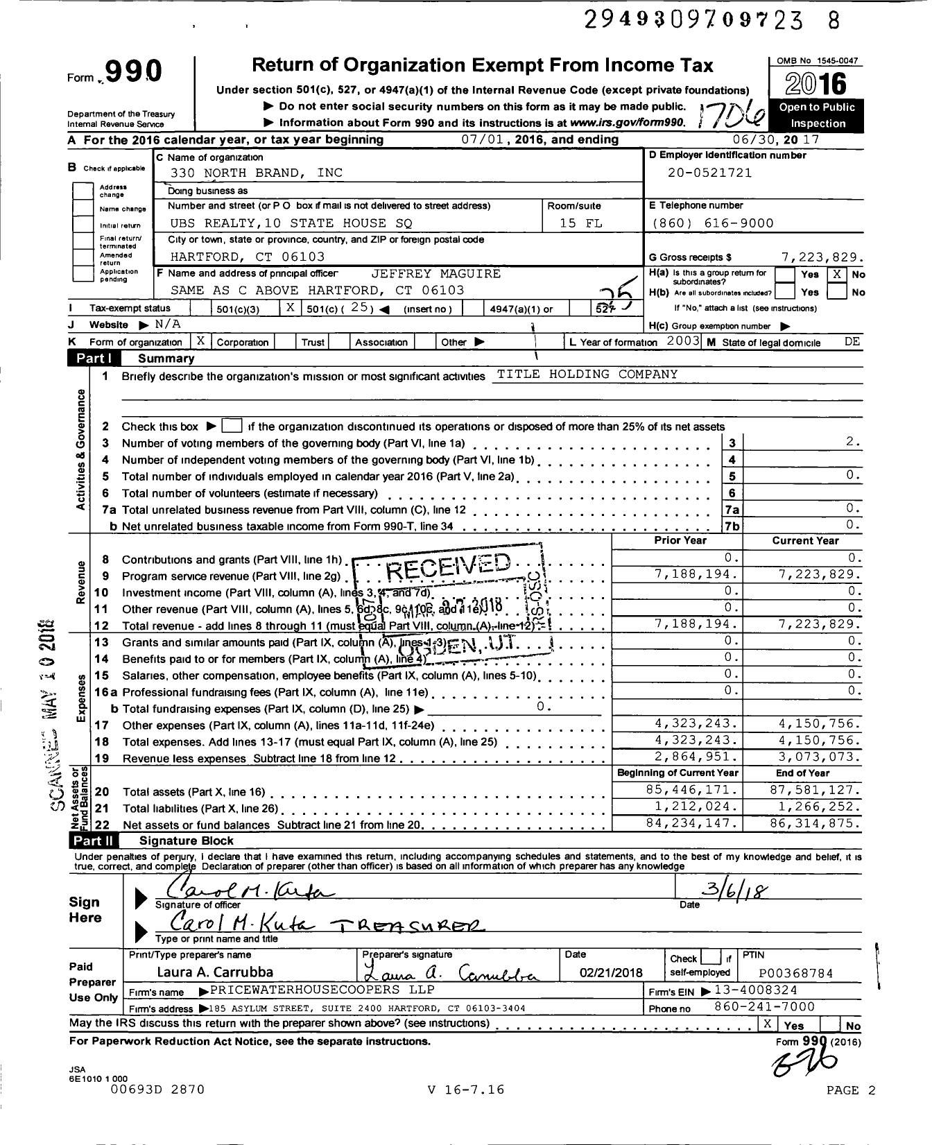 Image of first page of 2016 Form 990O for 330 North Brand