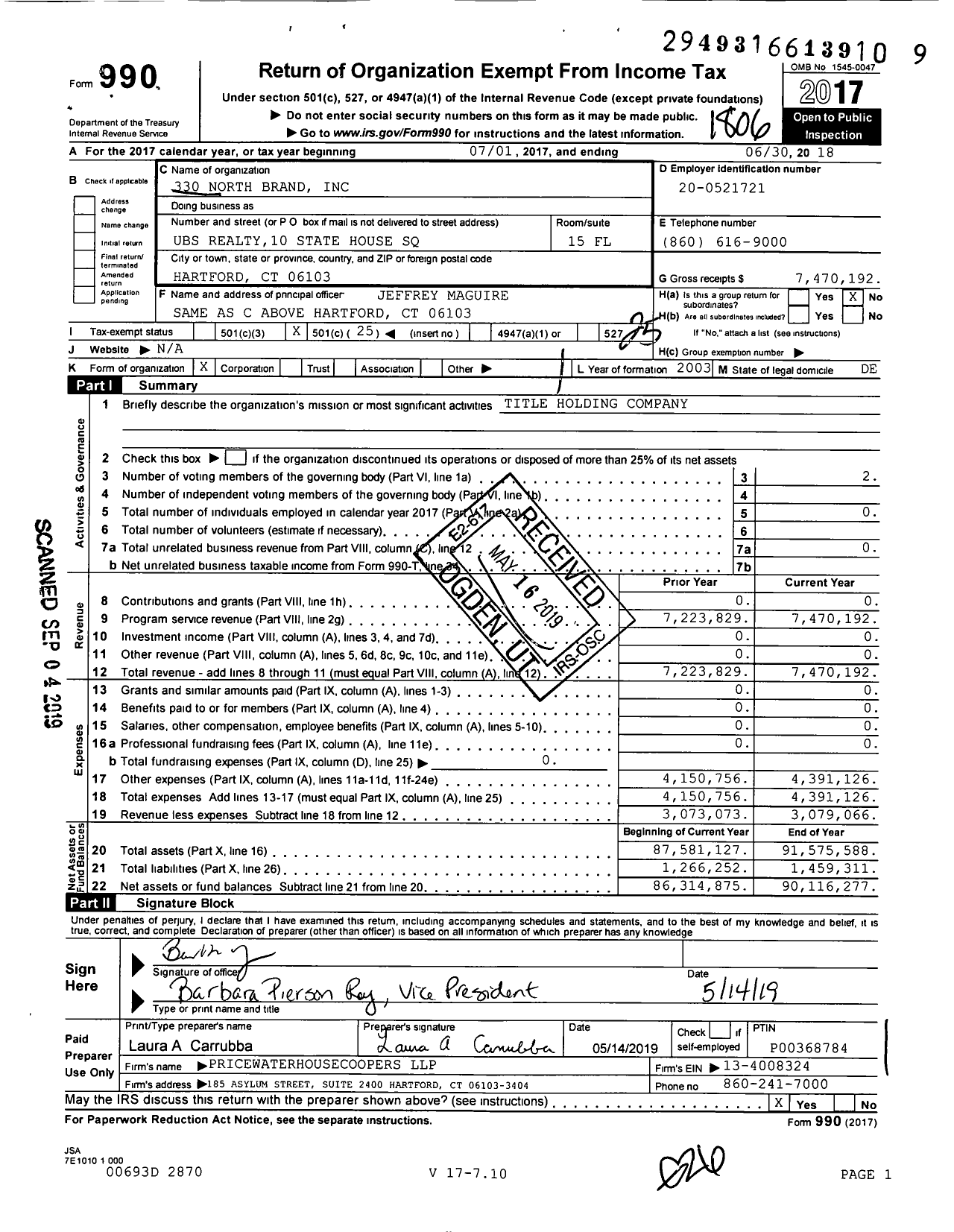 Image of first page of 2017 Form 990O for 330 North Brand