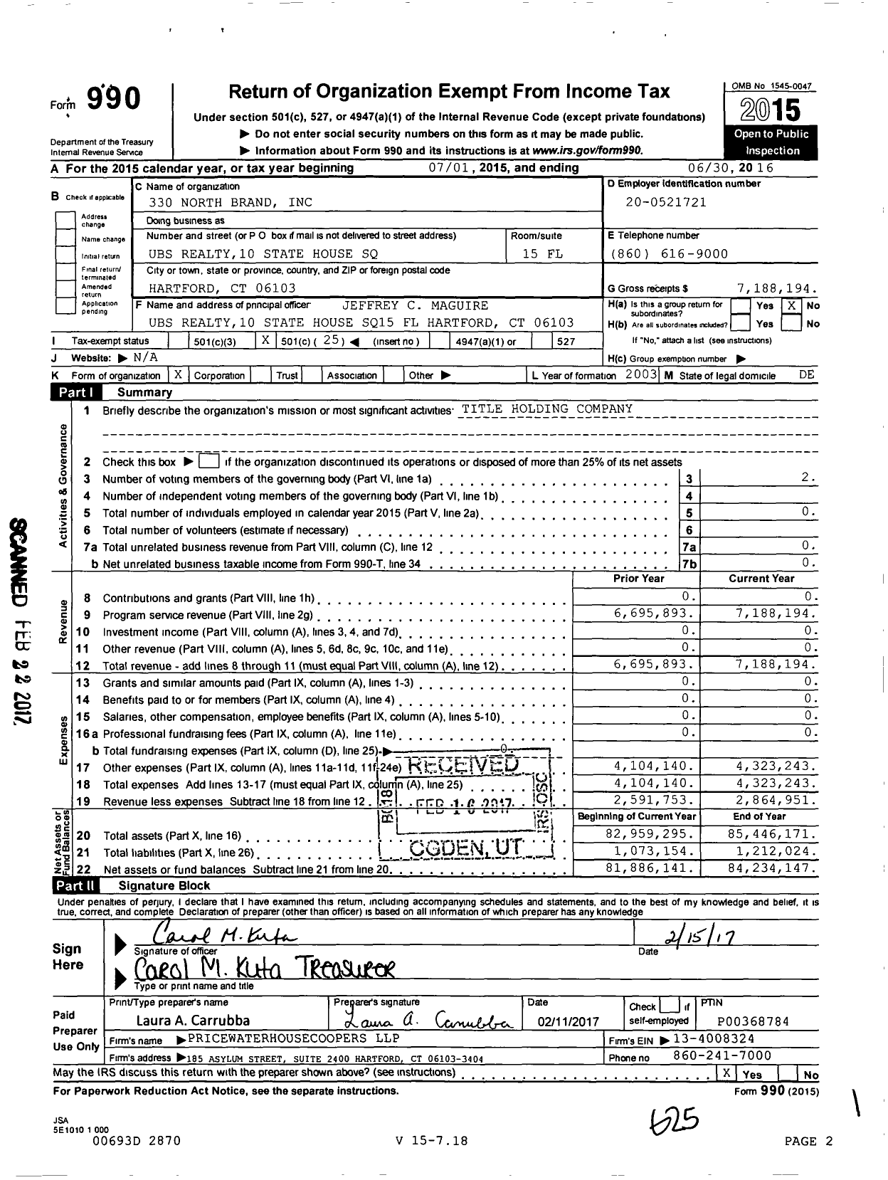 Image of first page of 2015 Form 990O for 330 North Brand