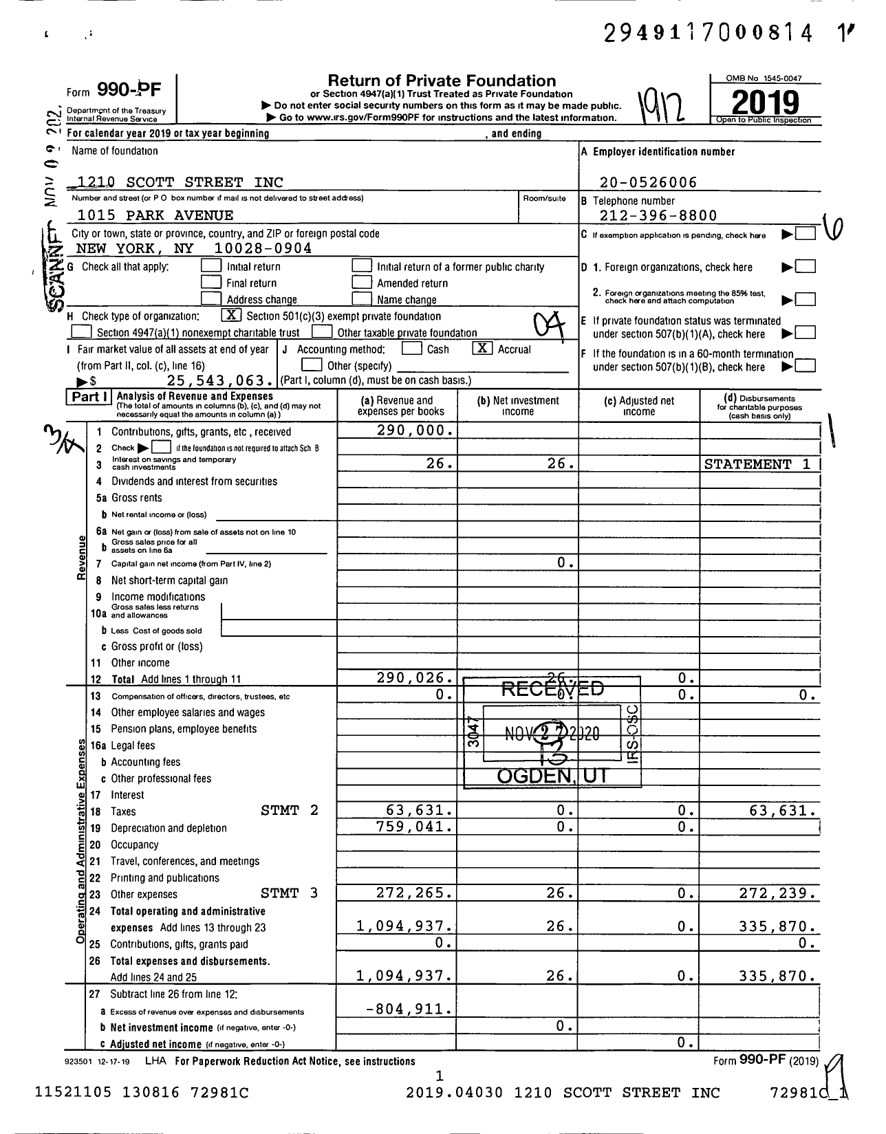 Image of first page of 2019 Form 990PF for 1210 Scott Street