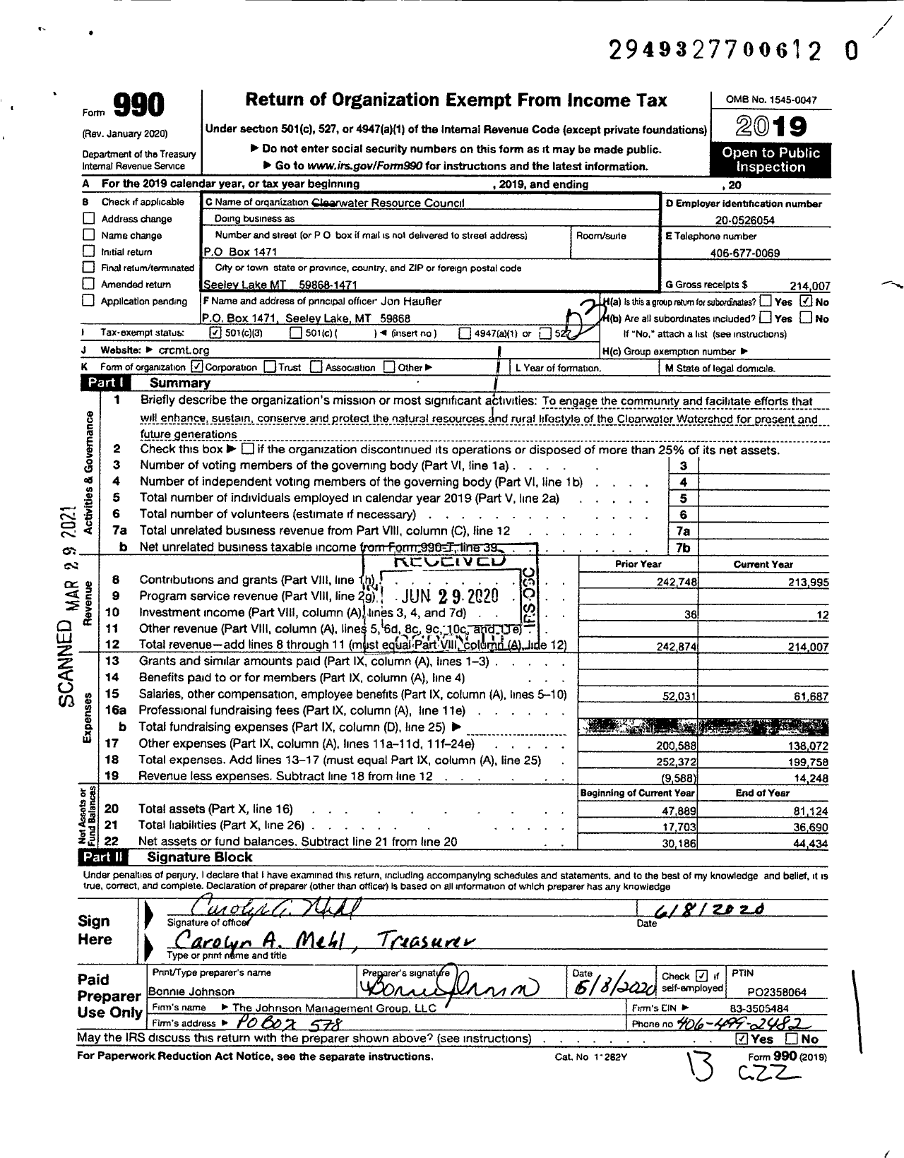 Image of first page of 2019 Form 990 for Clearwater Resource Council