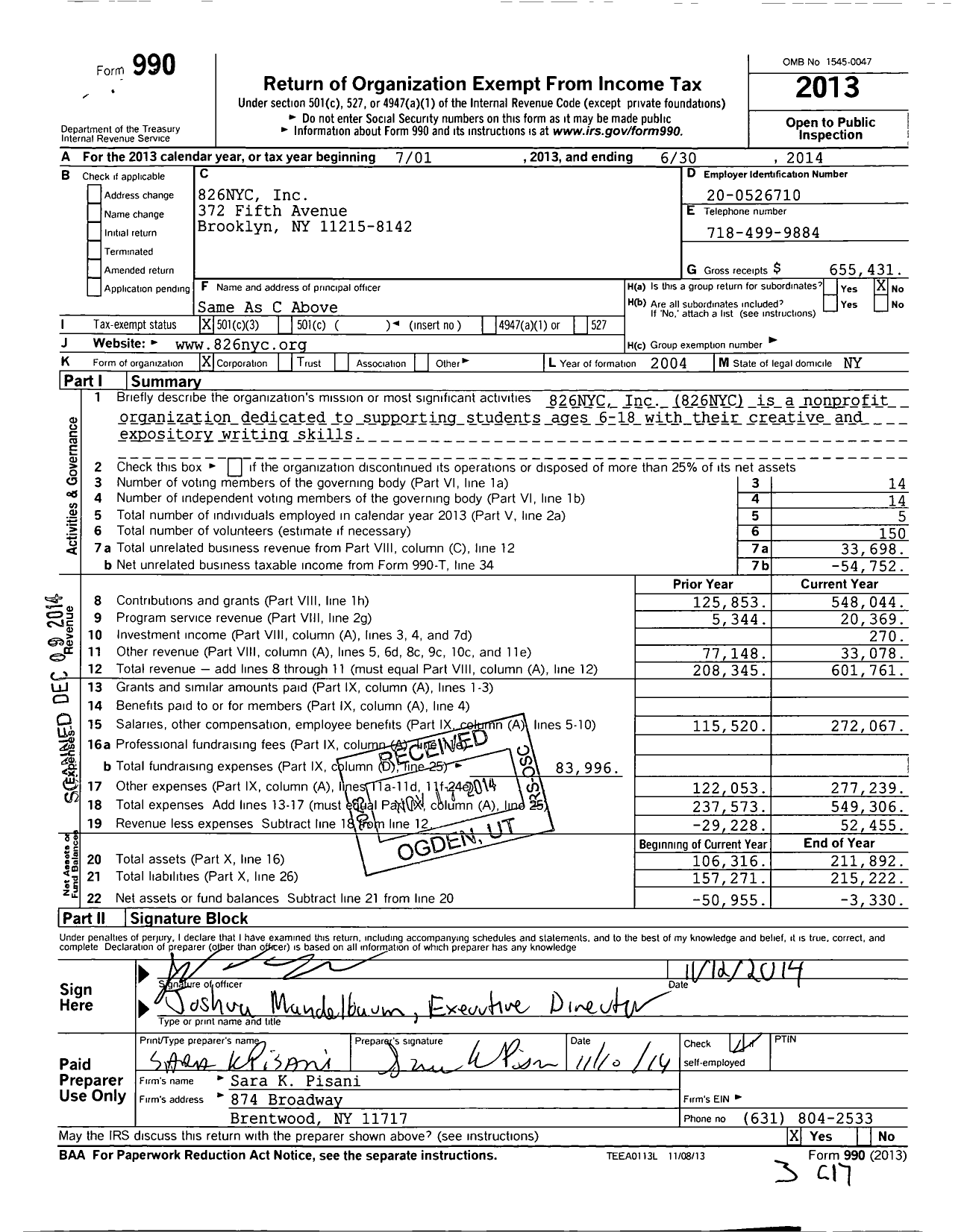 Image of first page of 2013 Form 990 for 826nyc
