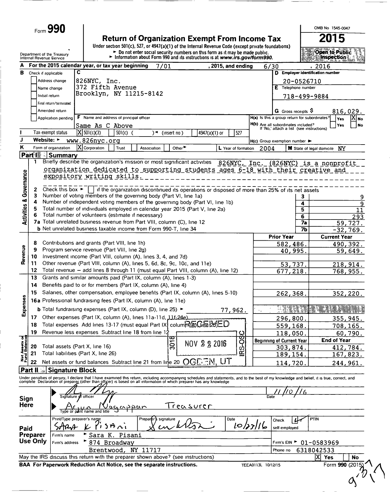Image of first page of 2015 Form 990 for 826nyc