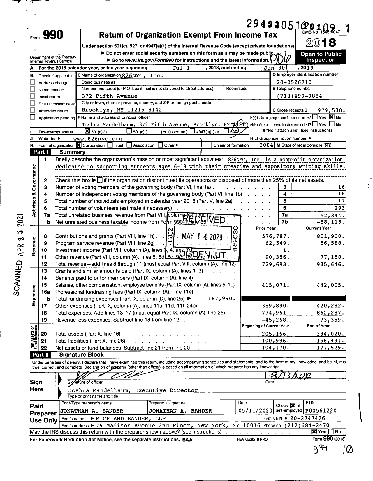 Image of first page of 2018 Form 990 for 826nyc