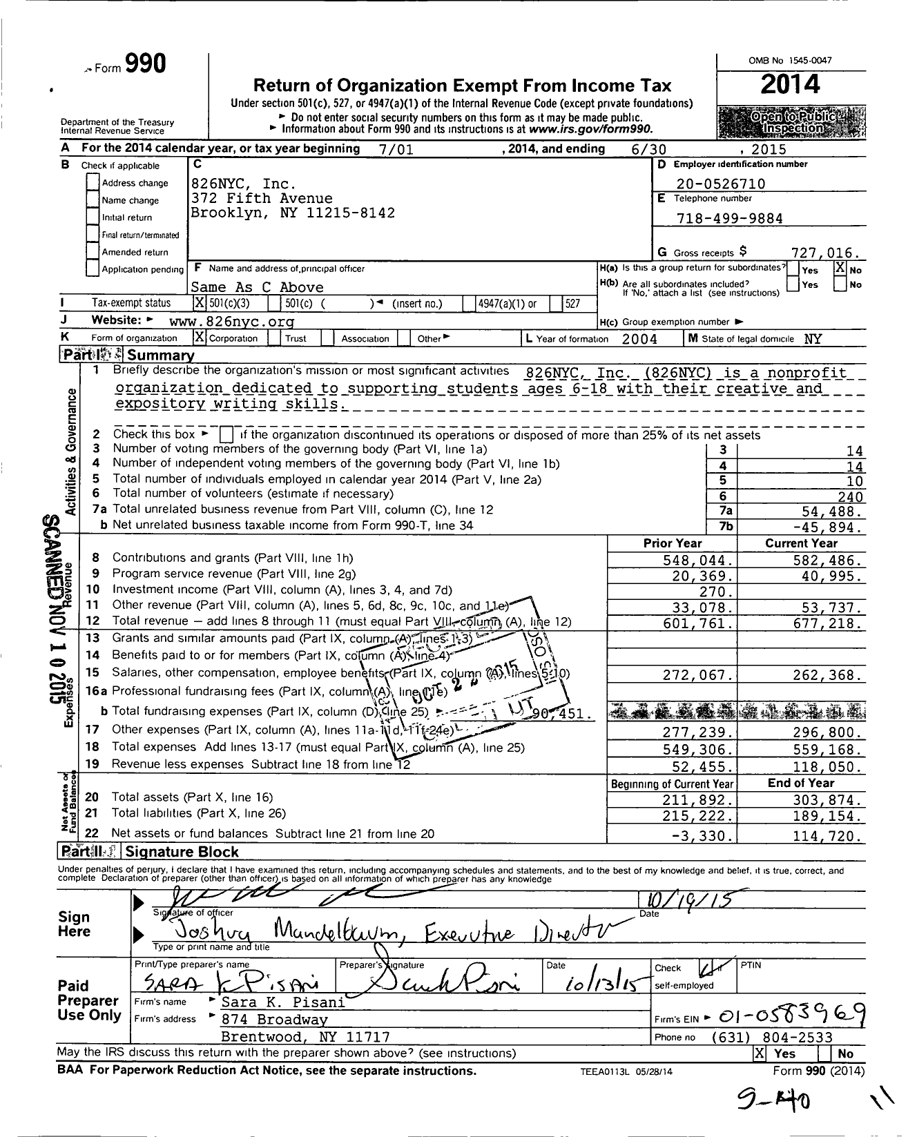 Image of first page of 2014 Form 990 for 826nyc