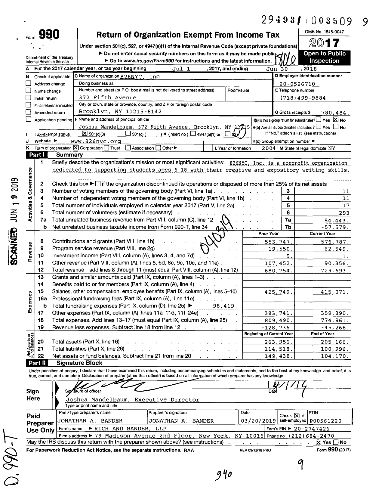 Image of first page of 2017 Form 990 for 826nyc