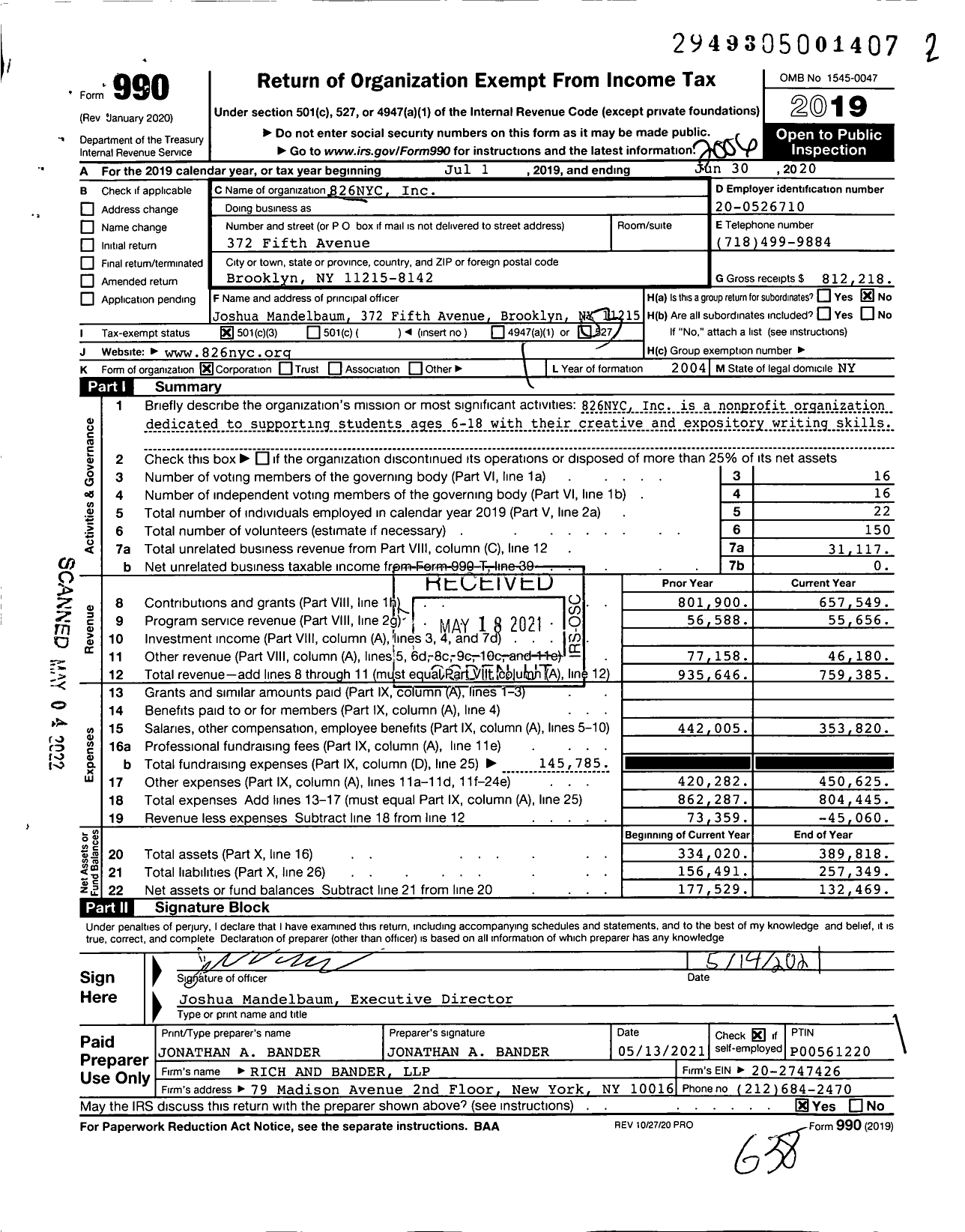 Image of first page of 2019 Form 990 for 826nyc